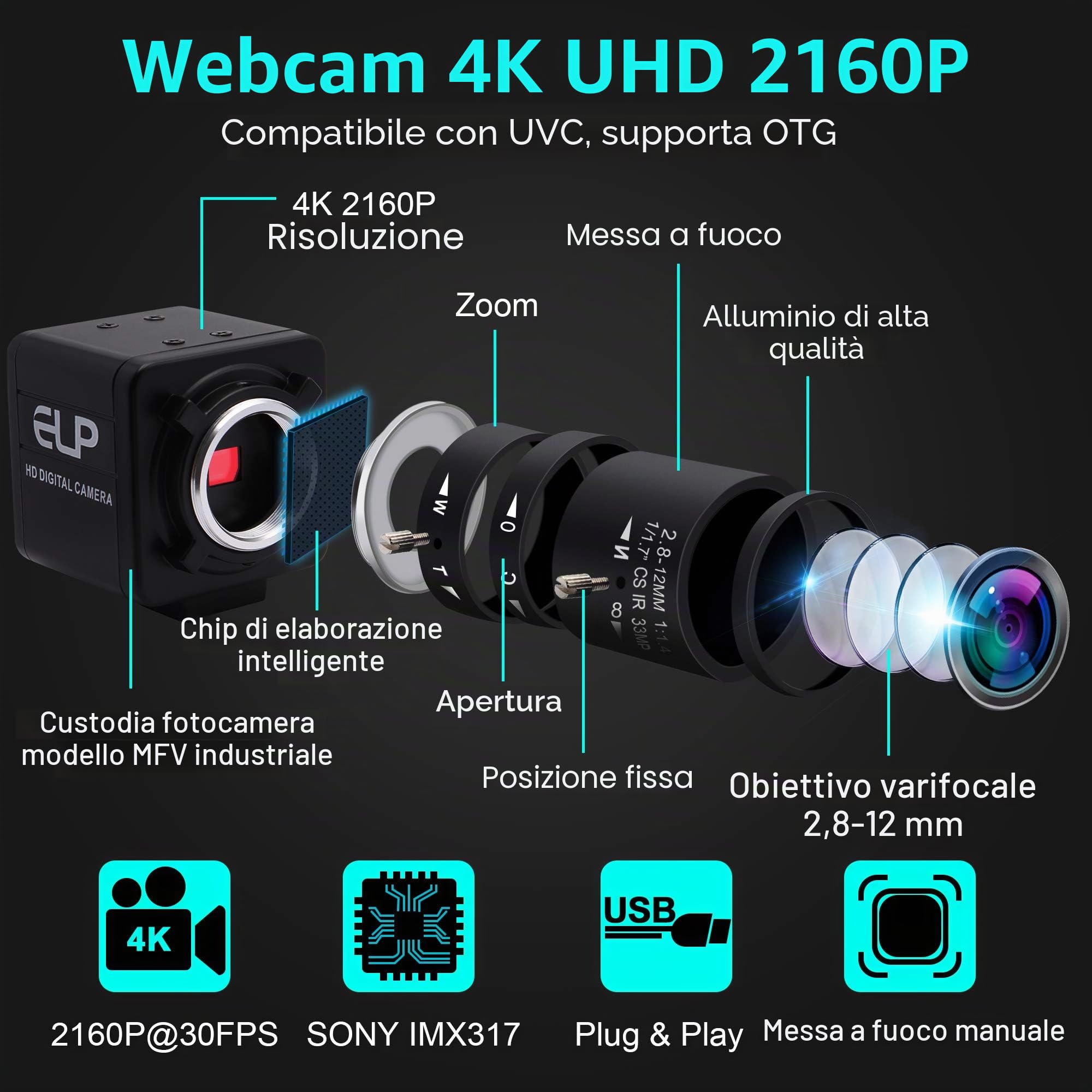 Fotocamera Web 4K, ultra HD IMX317, con obiettivo zoom da 5 – 50 mm, 3840x2160 @ 30 fps,2160P USB Videoconferenza webcam per Windows/Linux/Raspberry Pi USB4KHDR01-MFV (5-50)