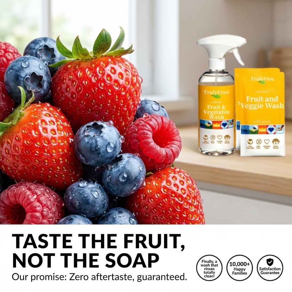 Truly Free Kit de iniciación de lavado natural de frutas y verduras, limpiador de verduras y productos orgánicos y lavadora de frutas, suministros para la salud y el hogar, botella de spray de 16