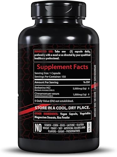 Miniatura 2 de Healthfare Berberina con canela de Ceilán 5000 mg - 150 cápsulas - Salud cardíaca y apoyo inmunológico, sin OMG, sin gluten, suministro de 5 meses,