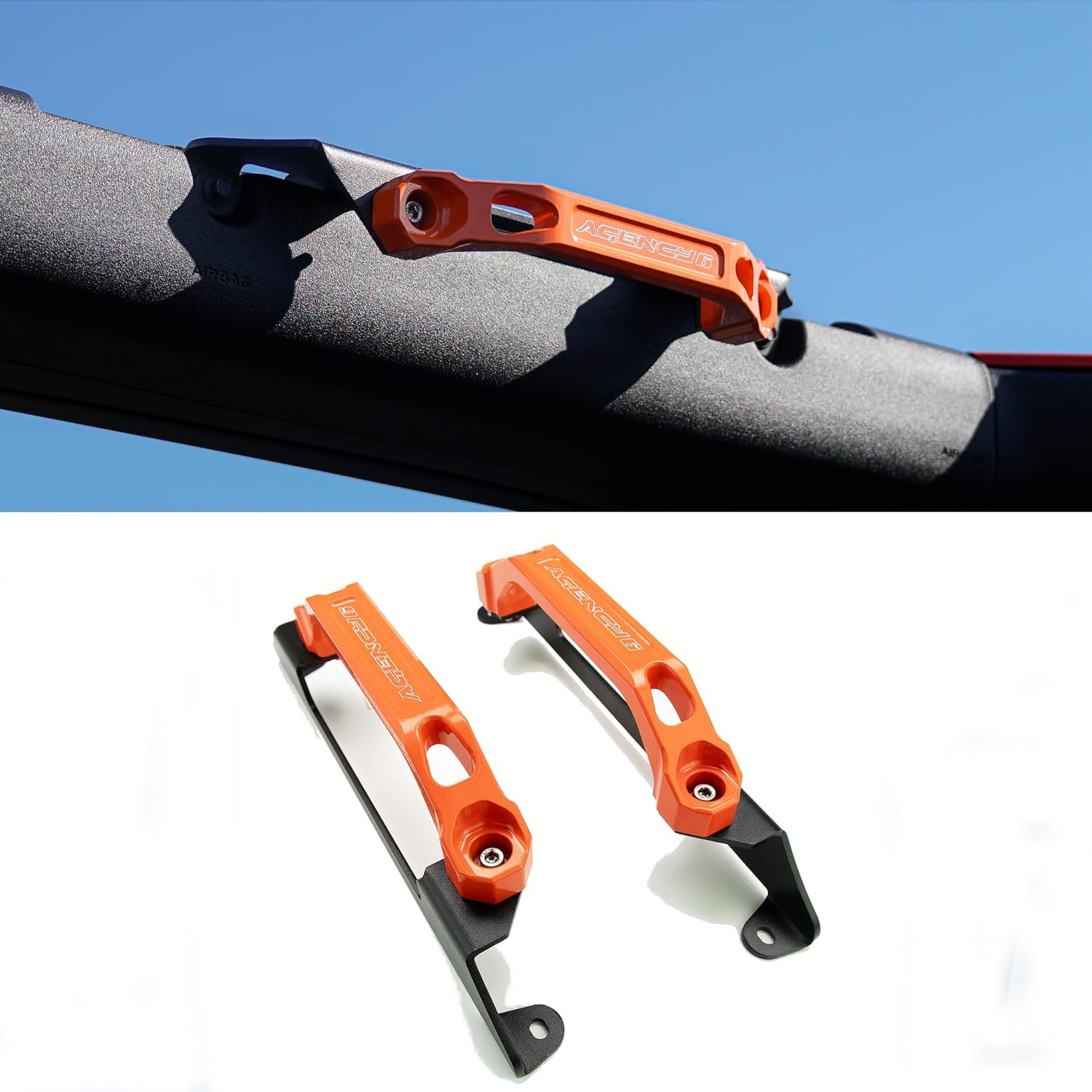 Agency 6 Front Grab Handle Assembly - Compatible with 2020-2025 Ford Bronco 2DR/4DR - Billet Aluminum Handles + 10 Gauge Steel Brackets - Powder Coated Orange Finish - Made in The USA