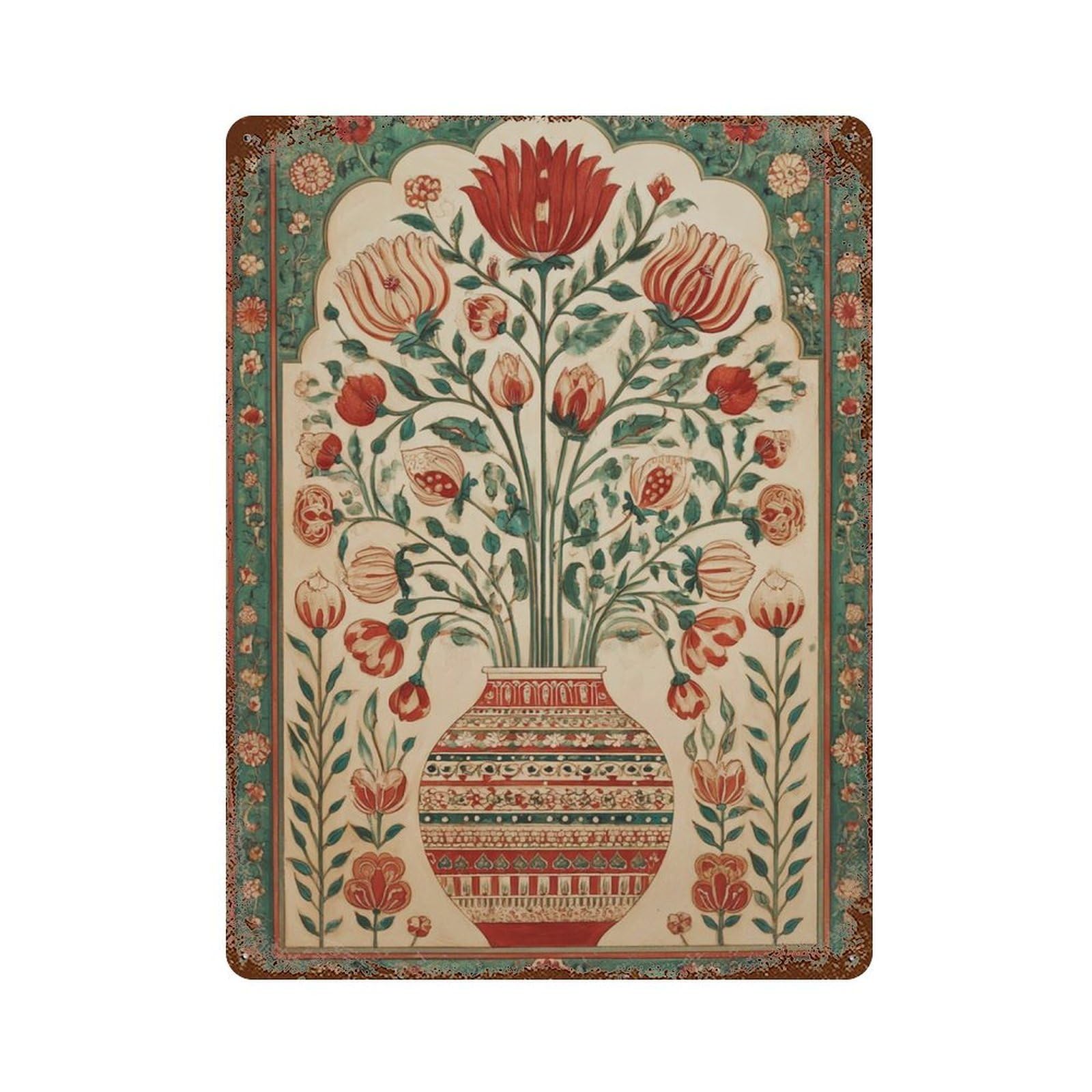 xiaoxiaoshen Persian Floral Red & Green Oriental Vase Middle Eastern Botanical Pattern Wall Decor Art Metal Tin Poster Modern Home Decor Art Home Bar Shop Decorations Vintage Sign 40x30cm