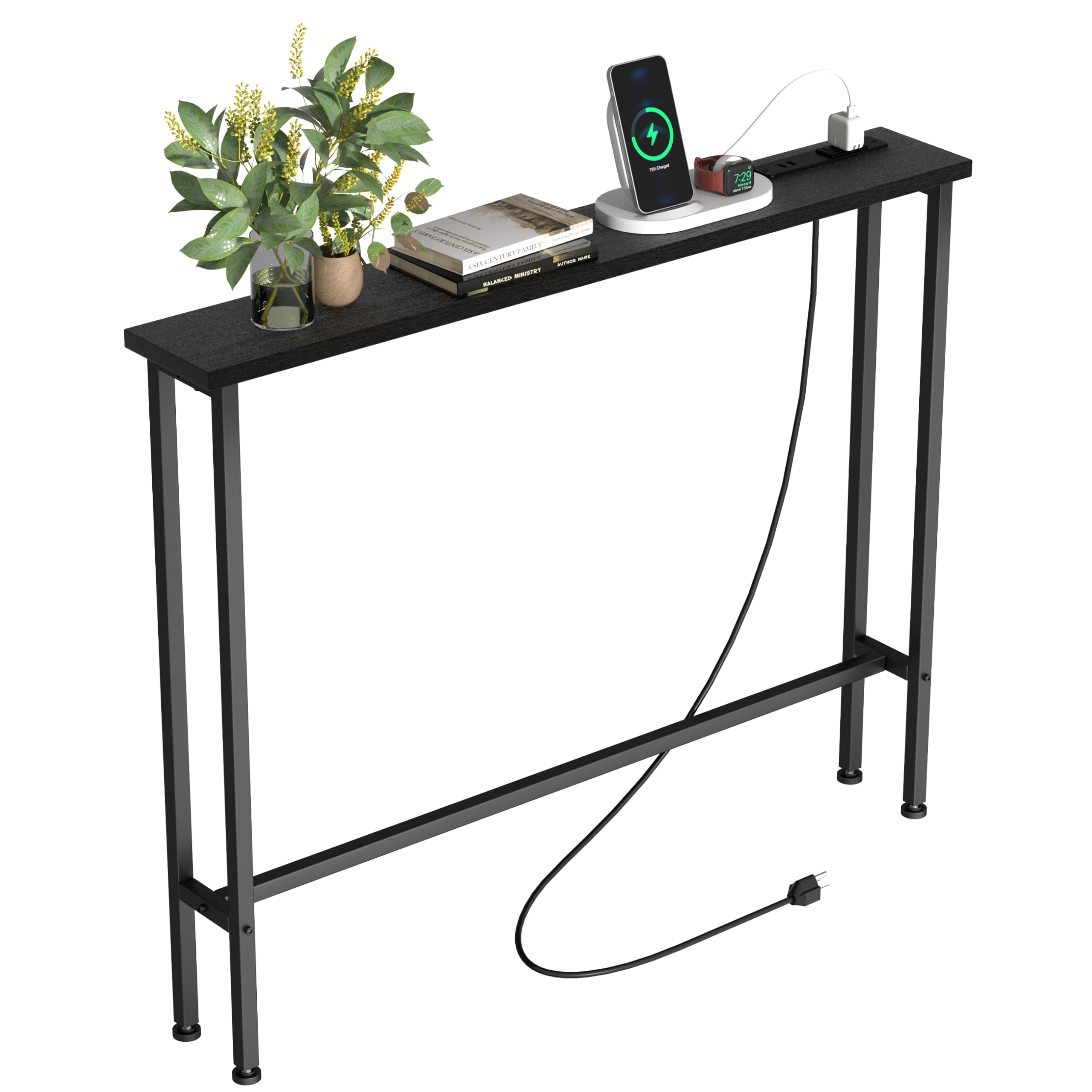 39" Sofa Table Narrow Long with Power Outlets & 2 USB Ports, Metal Frame Behind Couch Table Behind Sofa Perfect for Hallway, Living Room, Entrance -