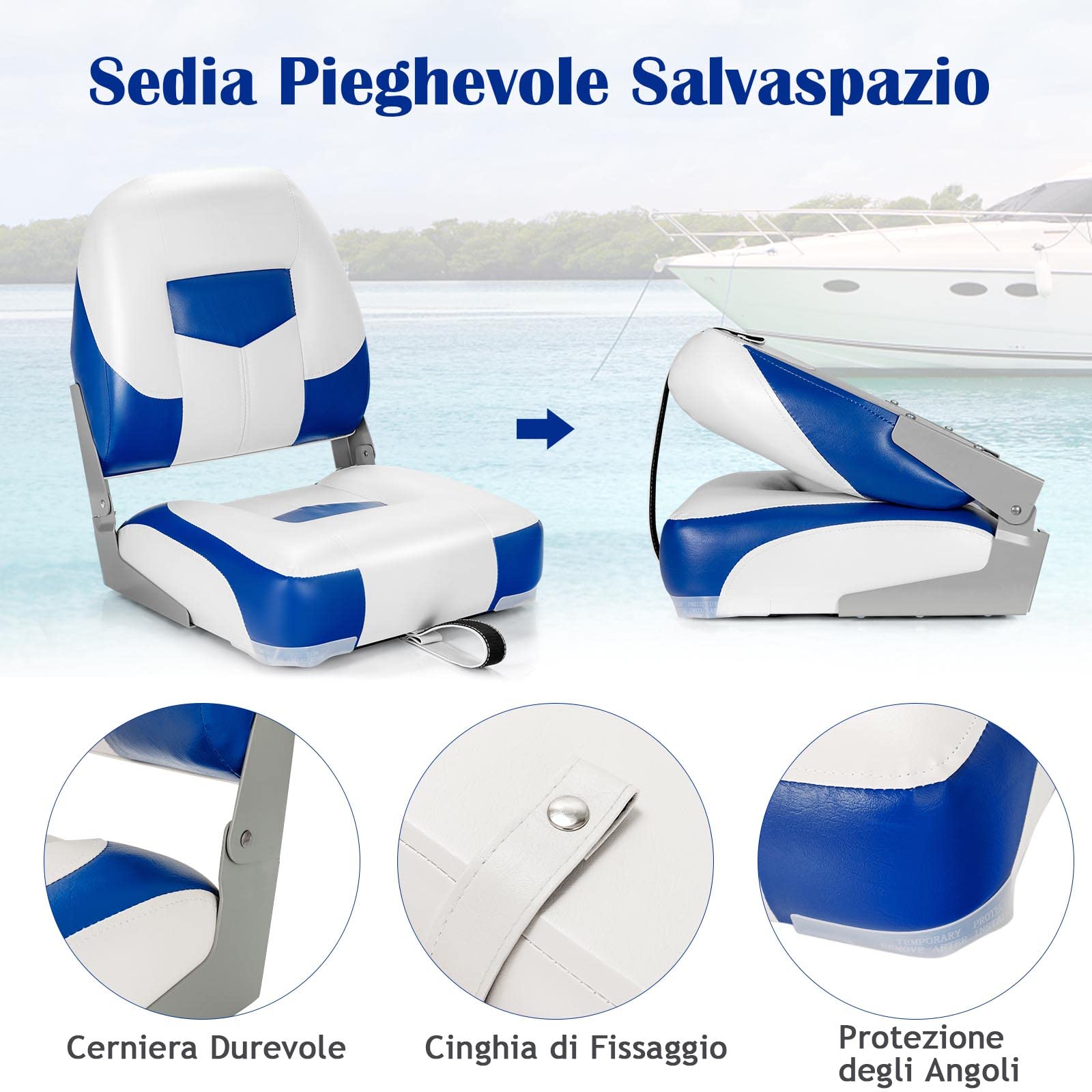 GYMAX Sedie per Barca, 2 Pezzi, Sedile Comodo di Schiuma, PVC e PP, Design Ergonomico e Pieghevole su Schienale e Sedile, Adatte all’Aperto, 50 x 52 x 42 cm (Blu)