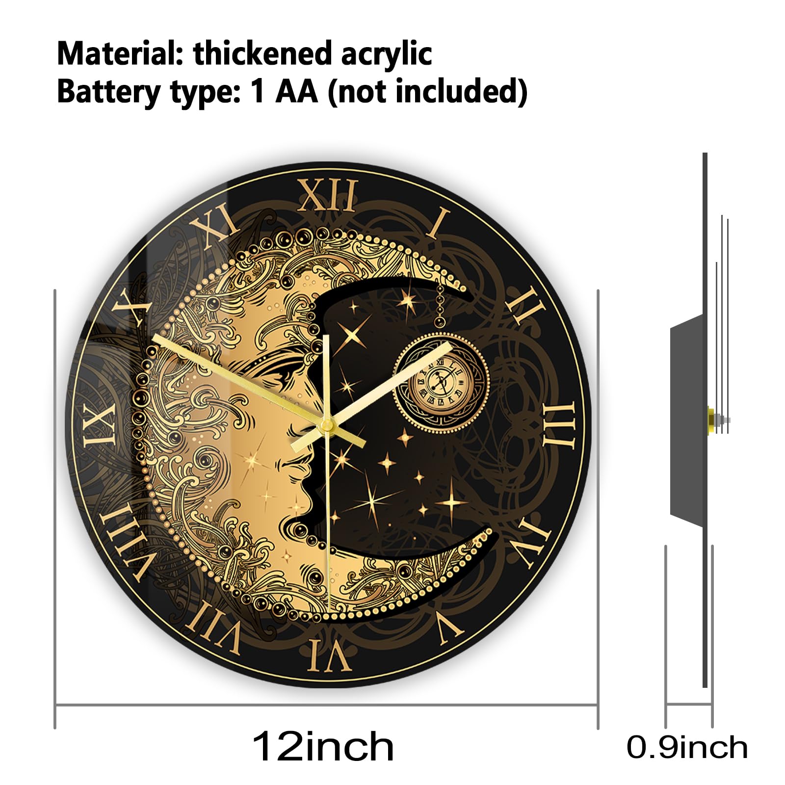 Amazon.co.jp: Timethink 12インチ ゴールデン 三日月 太陽 壁掛け時計