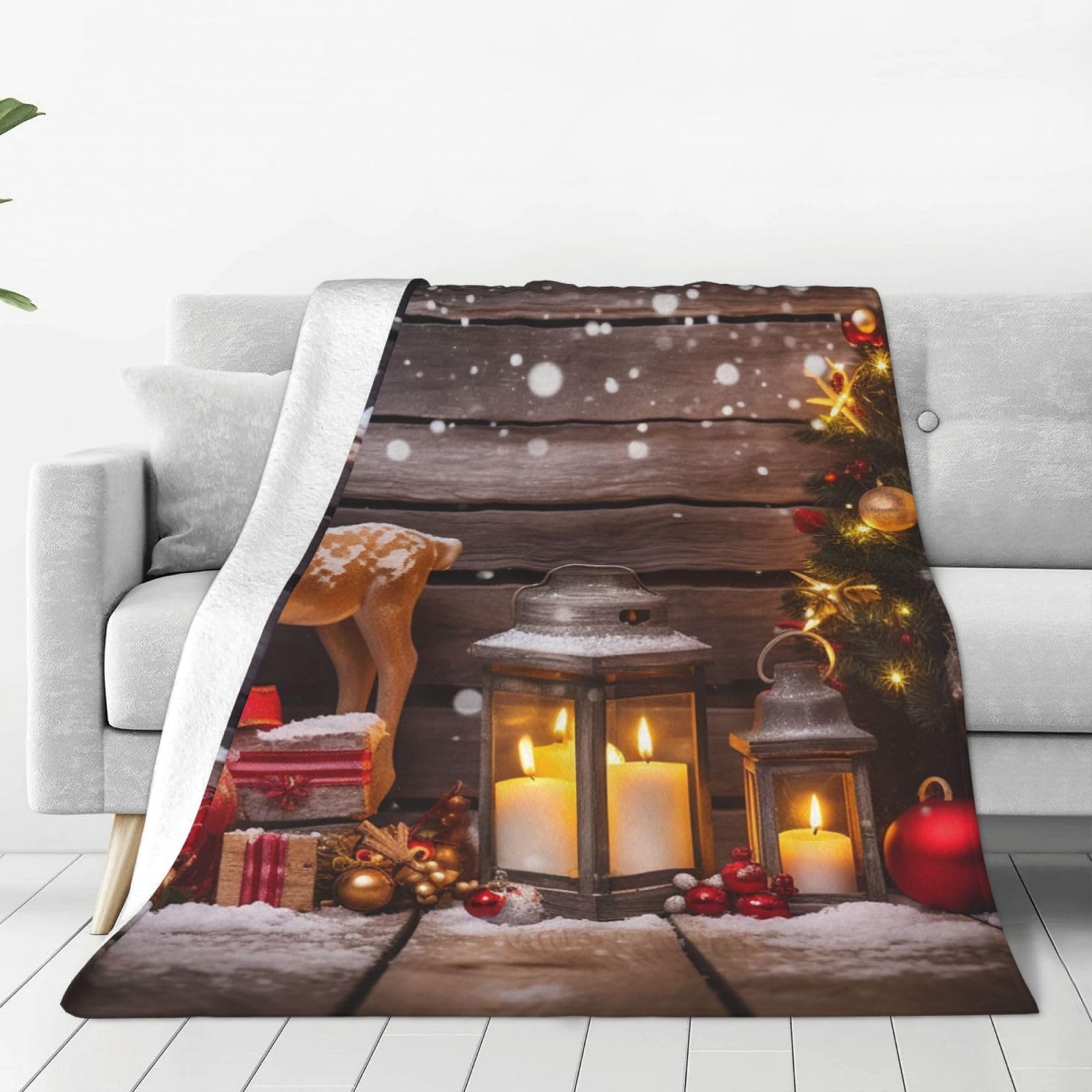 Merry Christmas Candle Deer Throw Blanket for Couch, Plush Fuzzy Soft Flannel Blankets and Throws for Sofa, 80"x60" Bed Blankets for Travel Camping Chair, All Season Warm Fleece Blanket