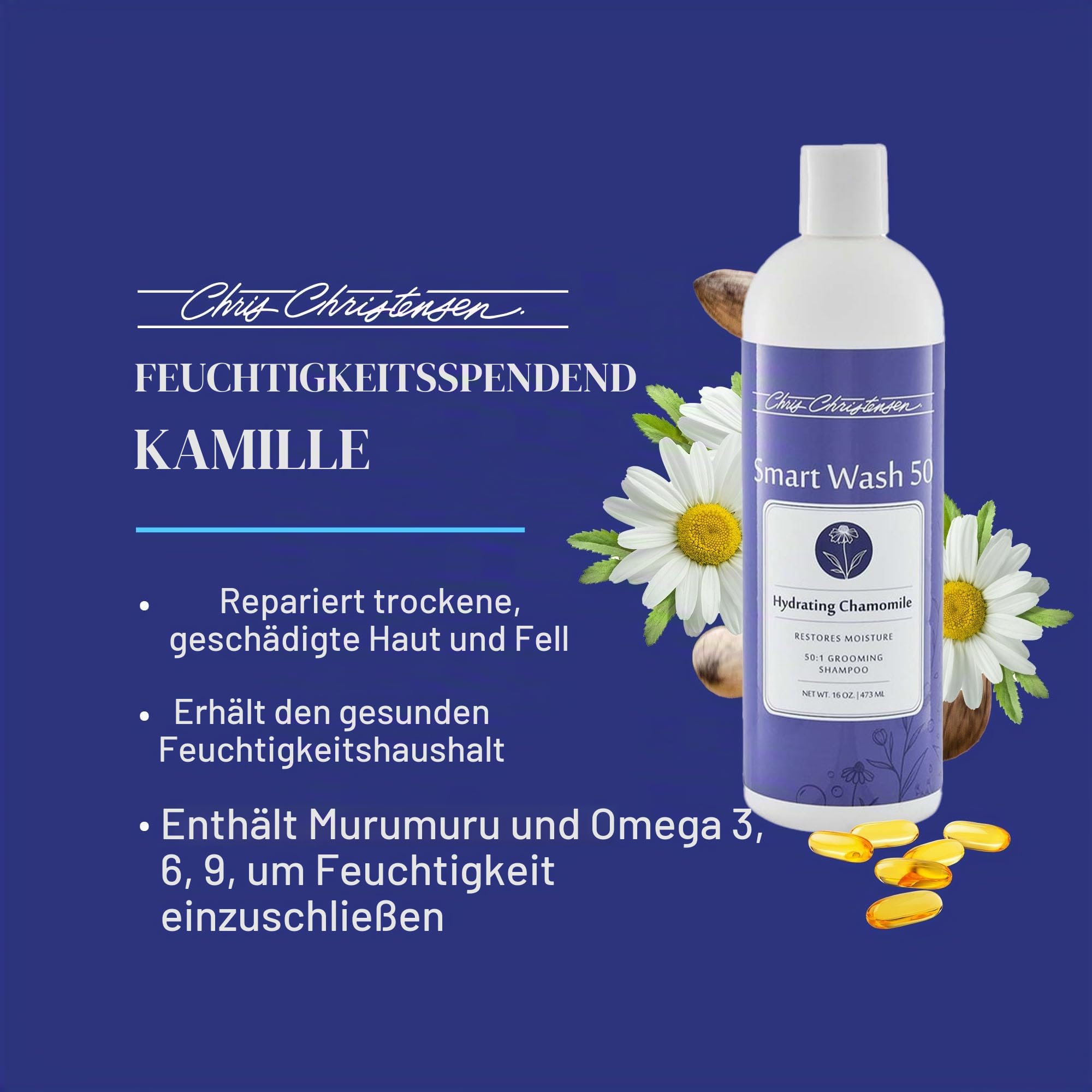 Chris Christensen Smartwash50 Hydrating Chamomile Shampoo - Professionelles Hundeshampoo mit beruhigender Kamillenwirkung - Intensive Feuchtigkeitspflege für strahlendes Fell, 3,8 l