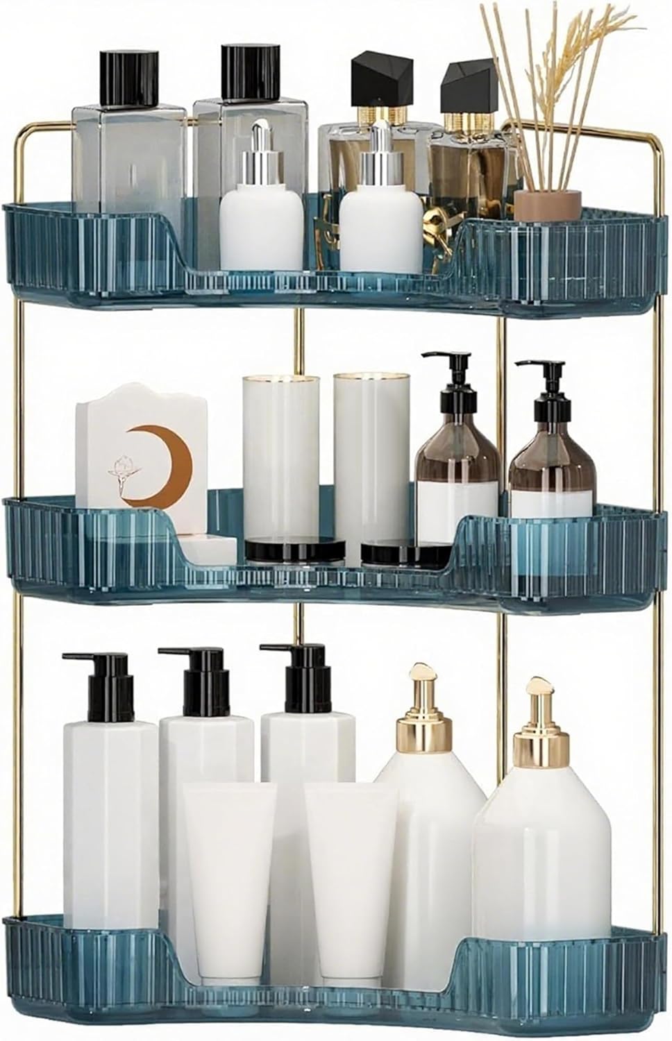 Corner Bathroom Countertop Organizer, Vanity Organizer Trays for Counter, Makeup Organizers, Perfume Tray, Skincare Shelf Storage Gifts for Women Girl Student (Blue, 3 Tiers)