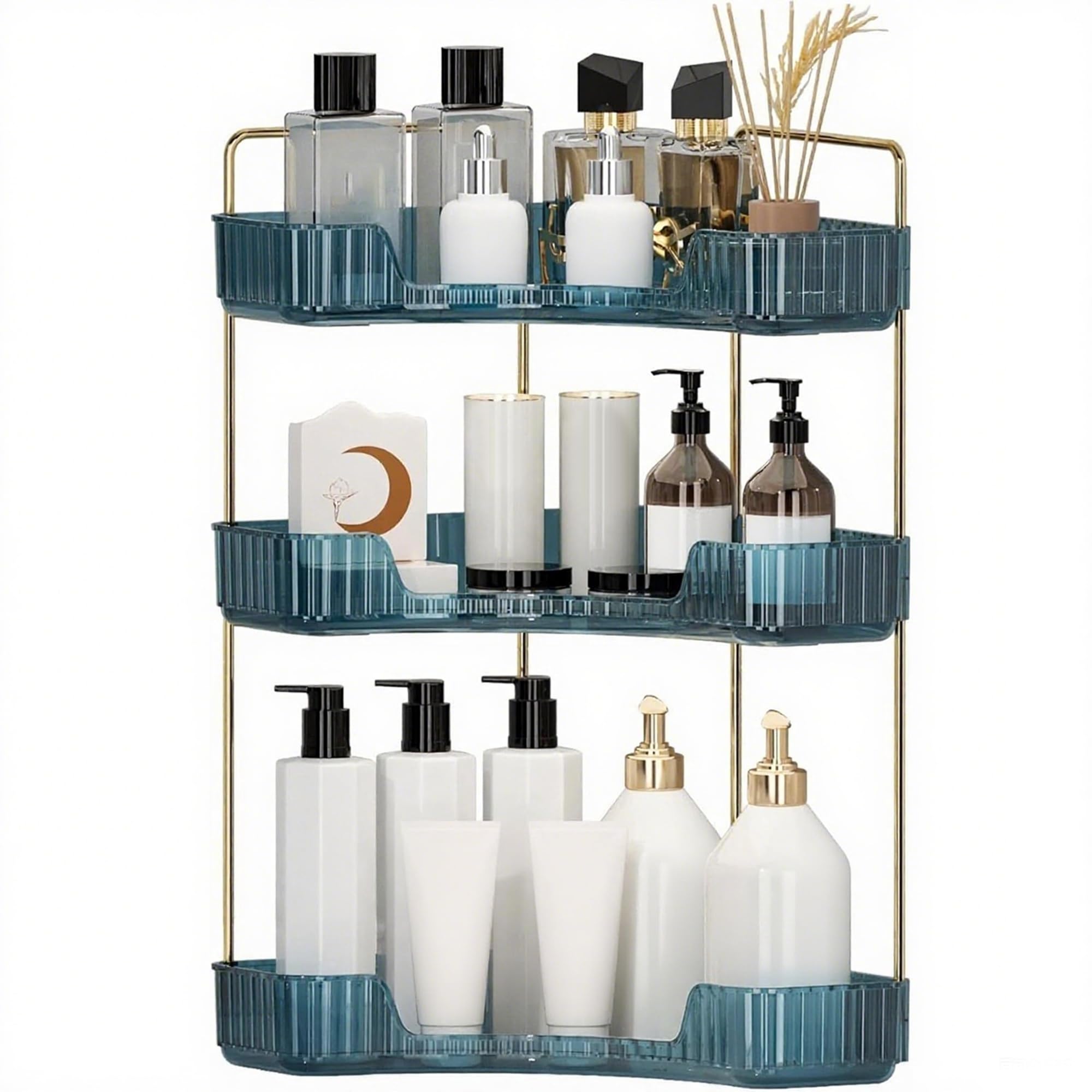 INVSSENE Eck-Badezimmer-Arbeitsplatten-Organizer, Schminktabletts für Theke, Make-up-Organizer, Parfüm-Tablett, Küchen-Gewürzregal (blau, 3 Ebenen)