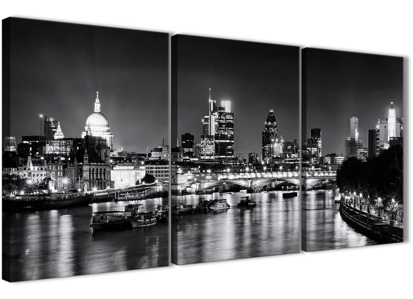 Wallfillers 3 Piece River Thames London Skyline Cityscape Canvas Wall Art - 3430 Black White Grey 126cm Set of Prints
