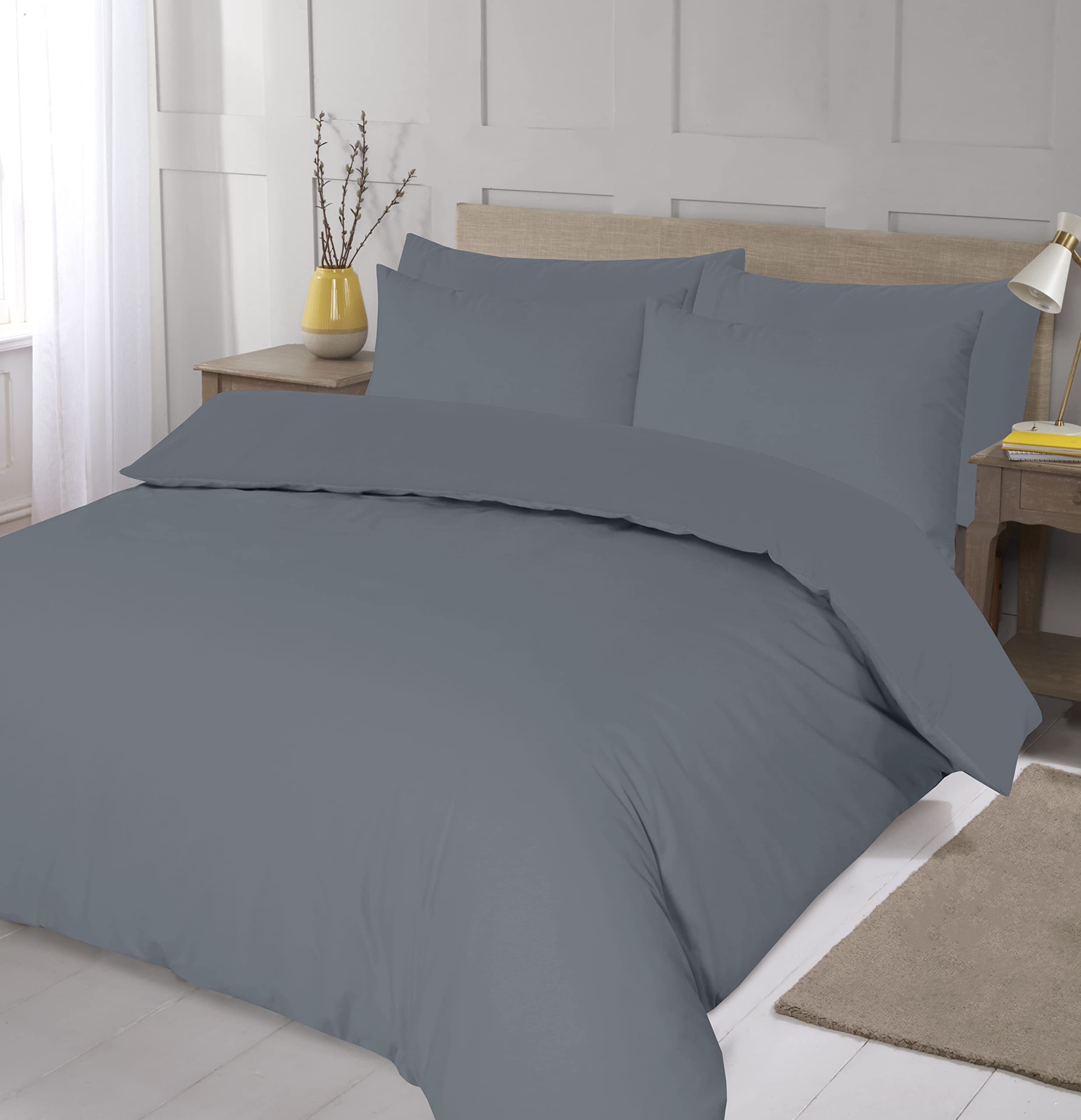 Home Living NON IRON Luxury Easycare Plain Dyed Duvet Cover & Pillow Case(s) Bedding Set (Grey, Double) — image 1