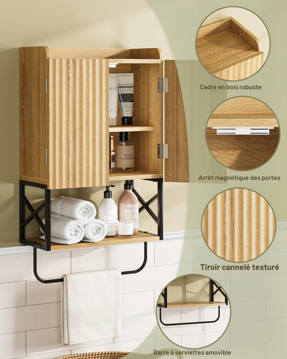 Armoire à pharmacie / Armoire murale de salle de bain, meuble mural avec étagères réglables, armoire gain de place pour salle de bain, cuisine et salon (68,5 x 39 x 18 cm, chêne au design moderne)