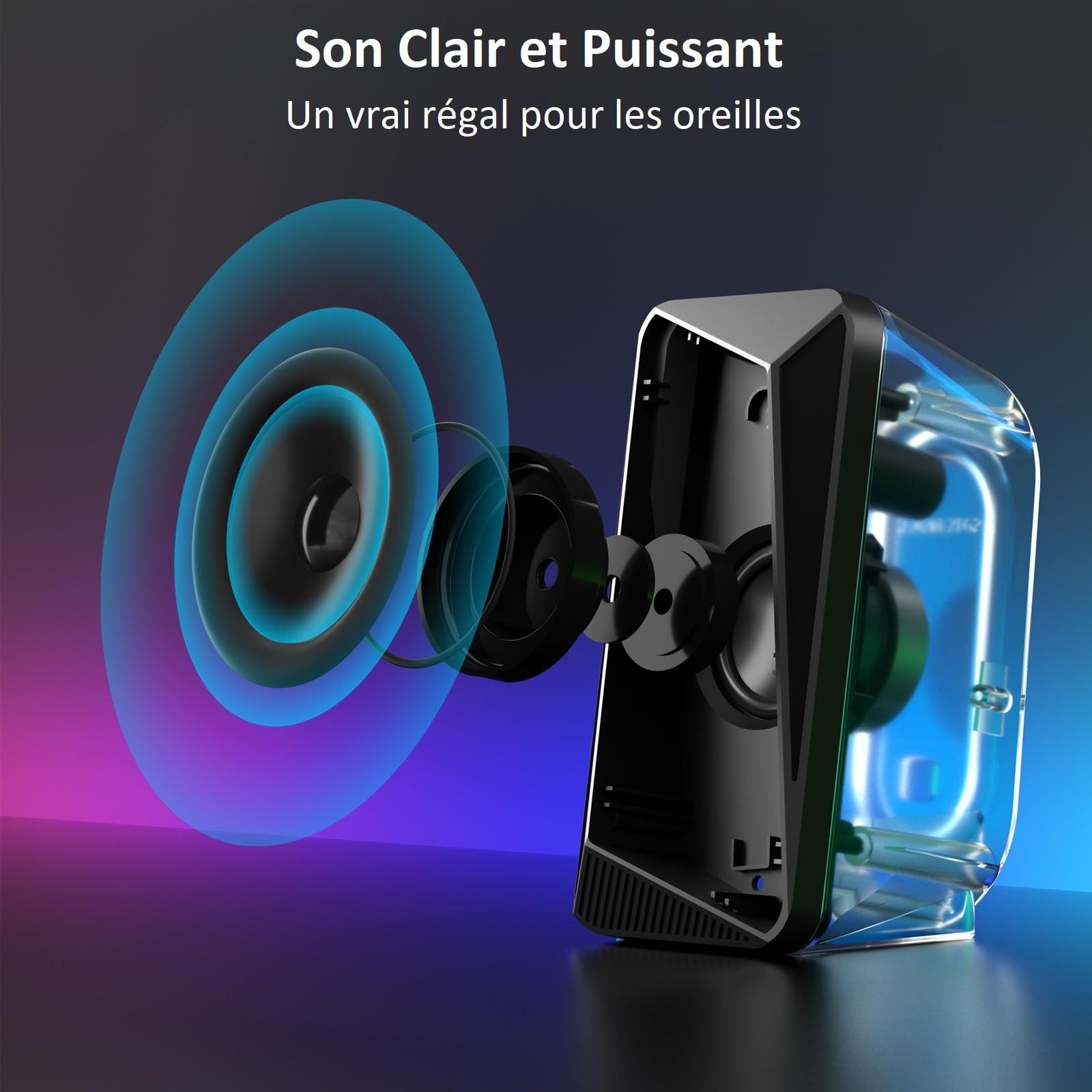 SOULION C30 Enceintes PC Bluetooth pour Bureau, Écran, Portable, Gamer | Haut Parleur Stéréo 2.0, Bluetooth 5.1, Entrée Auxiliaire 3,5 mm, Alimentation USB, éclairage LED Coloré, 1 paire