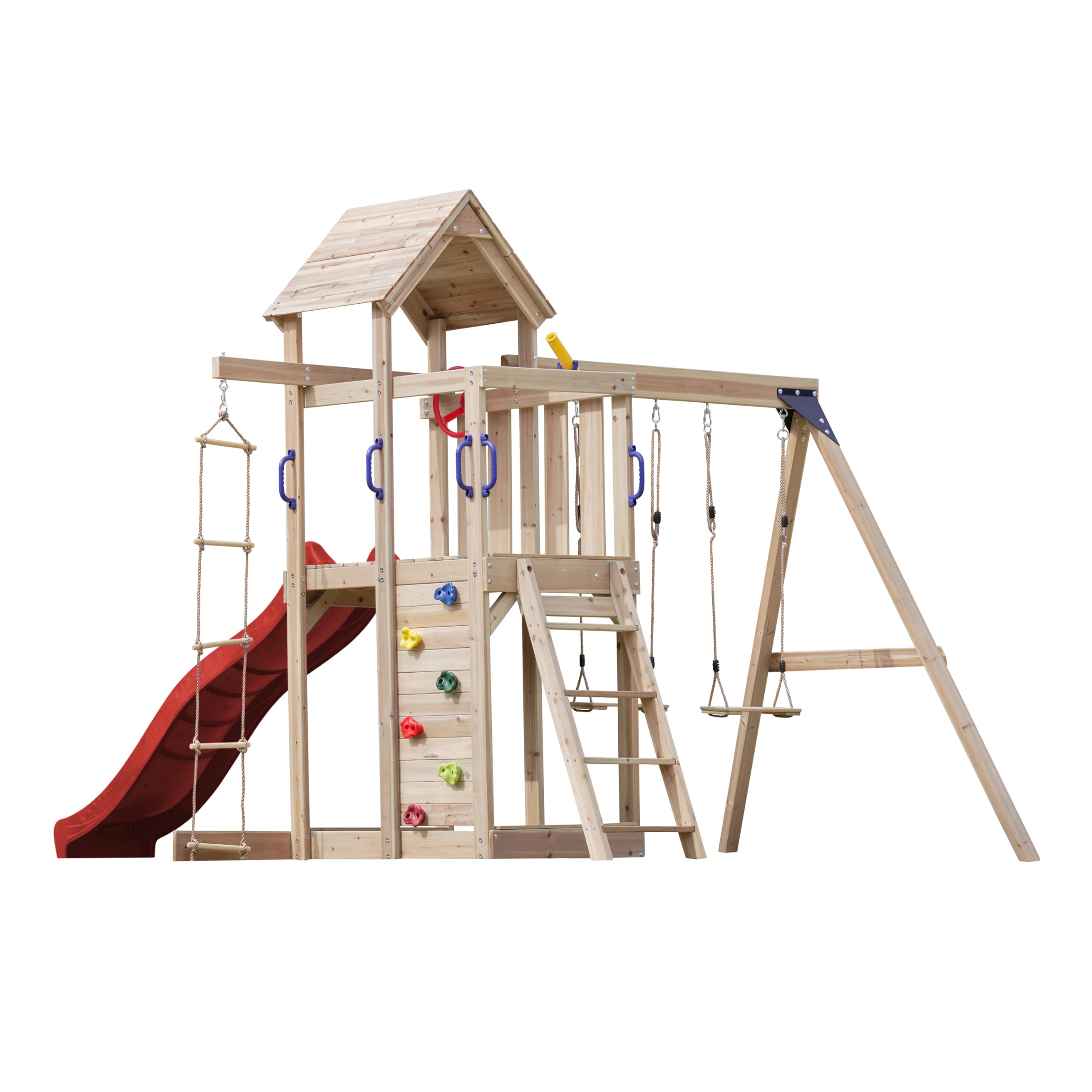 AXI Moos Spielturm aus Holz mit 2 Schaukeln & Strickleiter | XXL Spielhaus/Spielplatz für Kinder mit Kletterwand, Sandkasten & Rutsche in Rot | Schaukelgerüst für den Garten