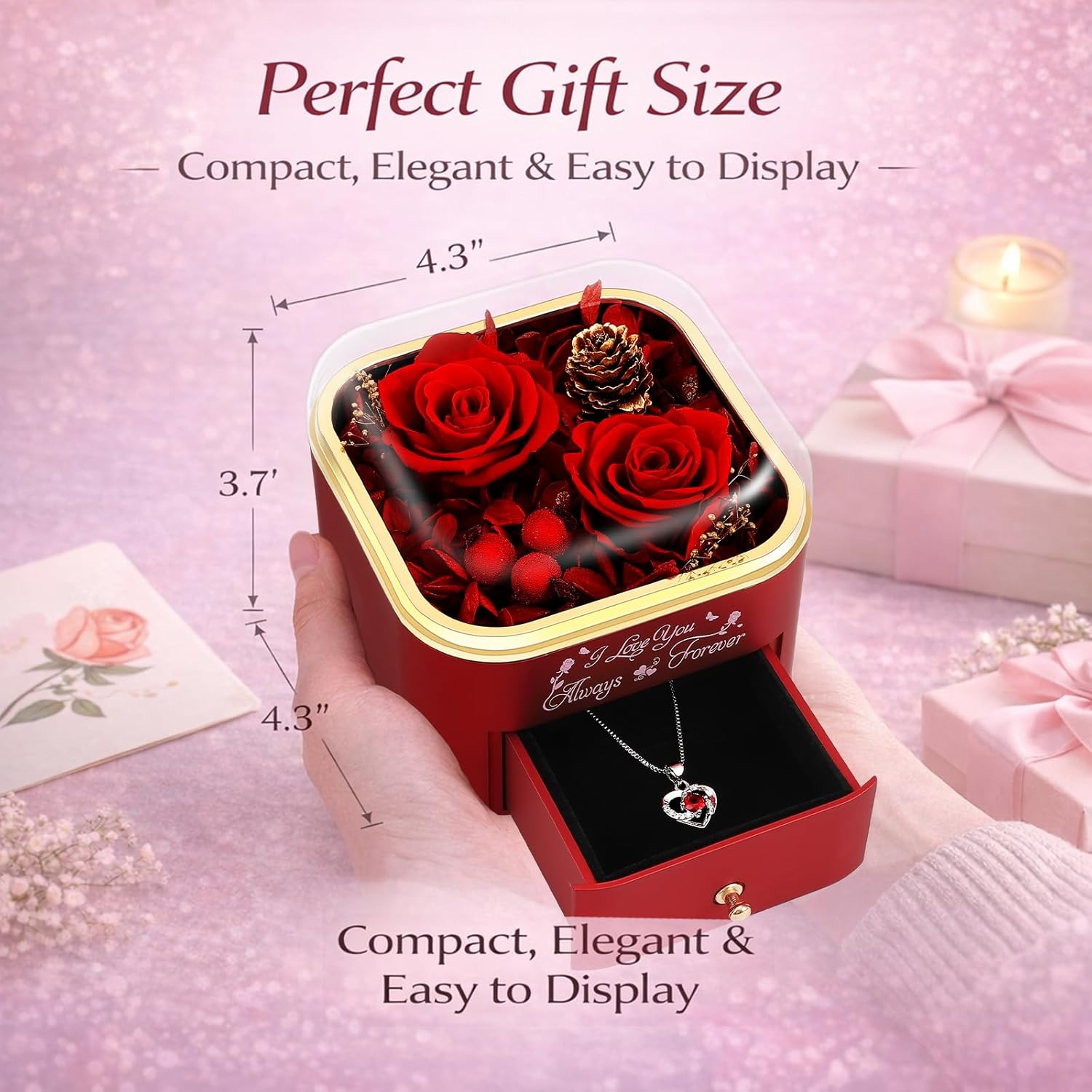 Preserved Rose Gift Box with Necklace for Women, Forever Real Rose Jewelry Box for Mom Wife Girlfriend, Red Flower Box for Mothers Day