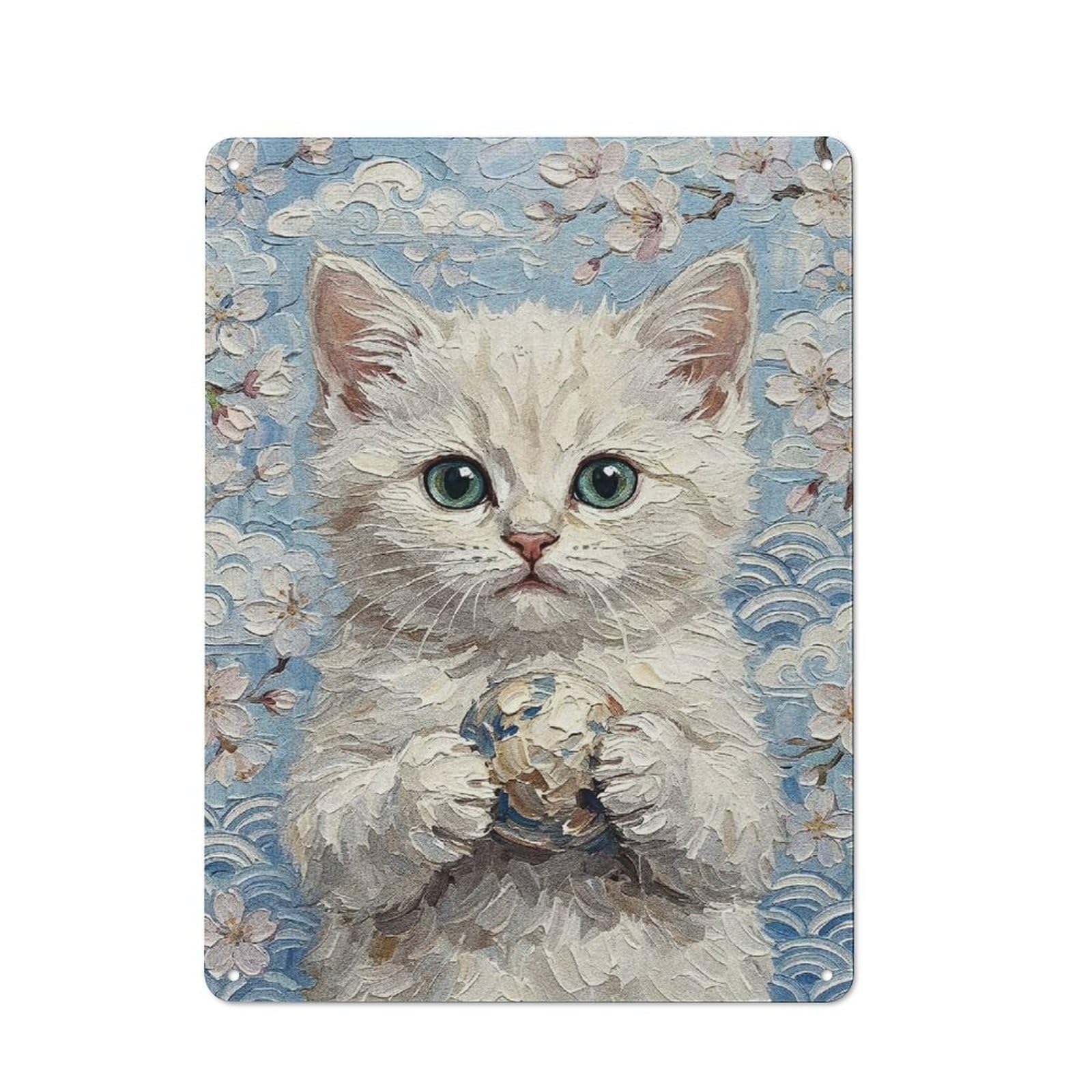 Junmoney Style-8 Workshop Style Garage Metal Sign 40X30cm Featuring White Kitten With Ball Painting, Industrial Wall Art For Garage, Hobby Room, Office Or Man Cave