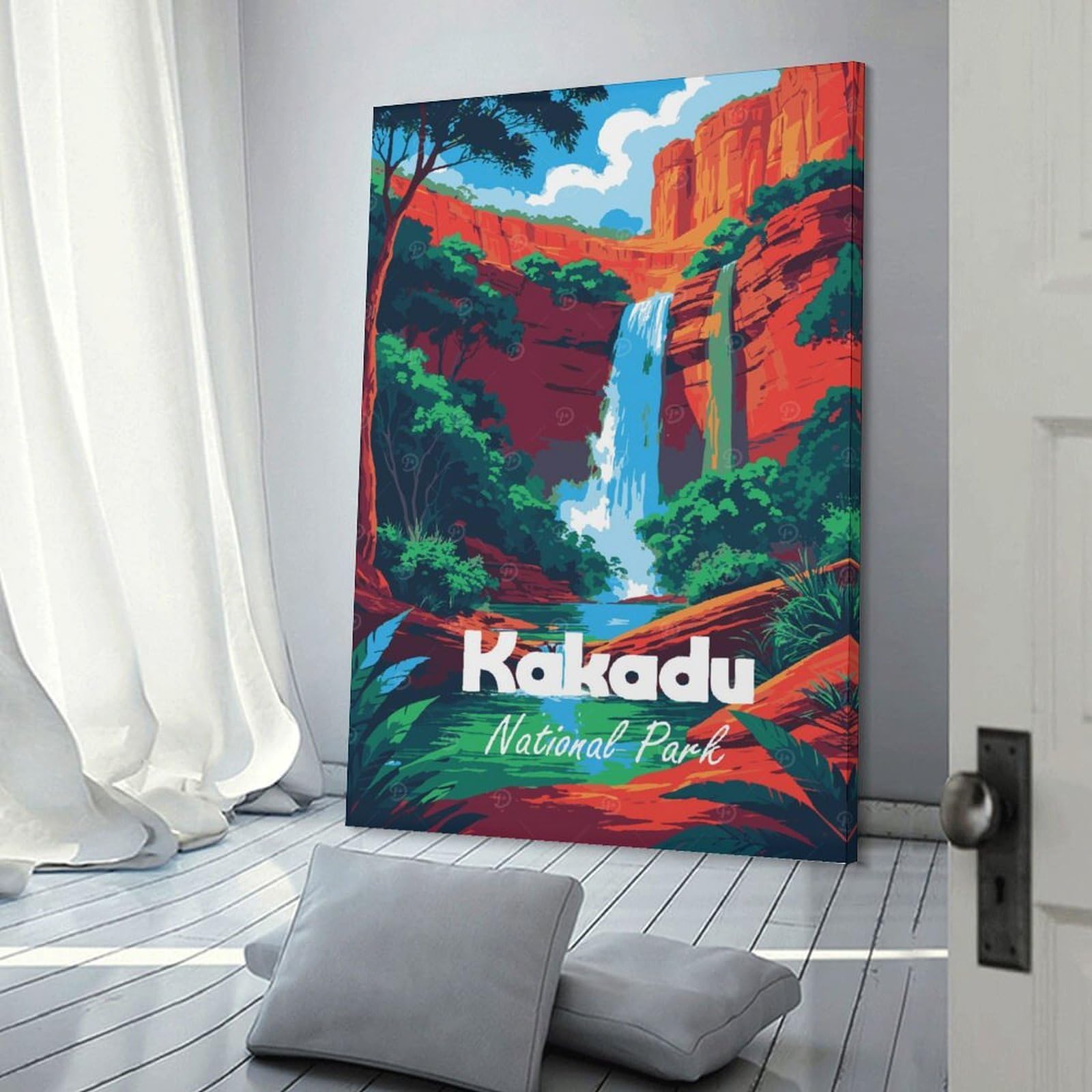 Junmoney Frame-Style-23 Wall Decor Canvas Print Kakadu National Park Waterfall Illustration, 20X30inch(50X75cm), For Study, Office Or Focused Interiors, Wall Art That Adds Style To Work Areas