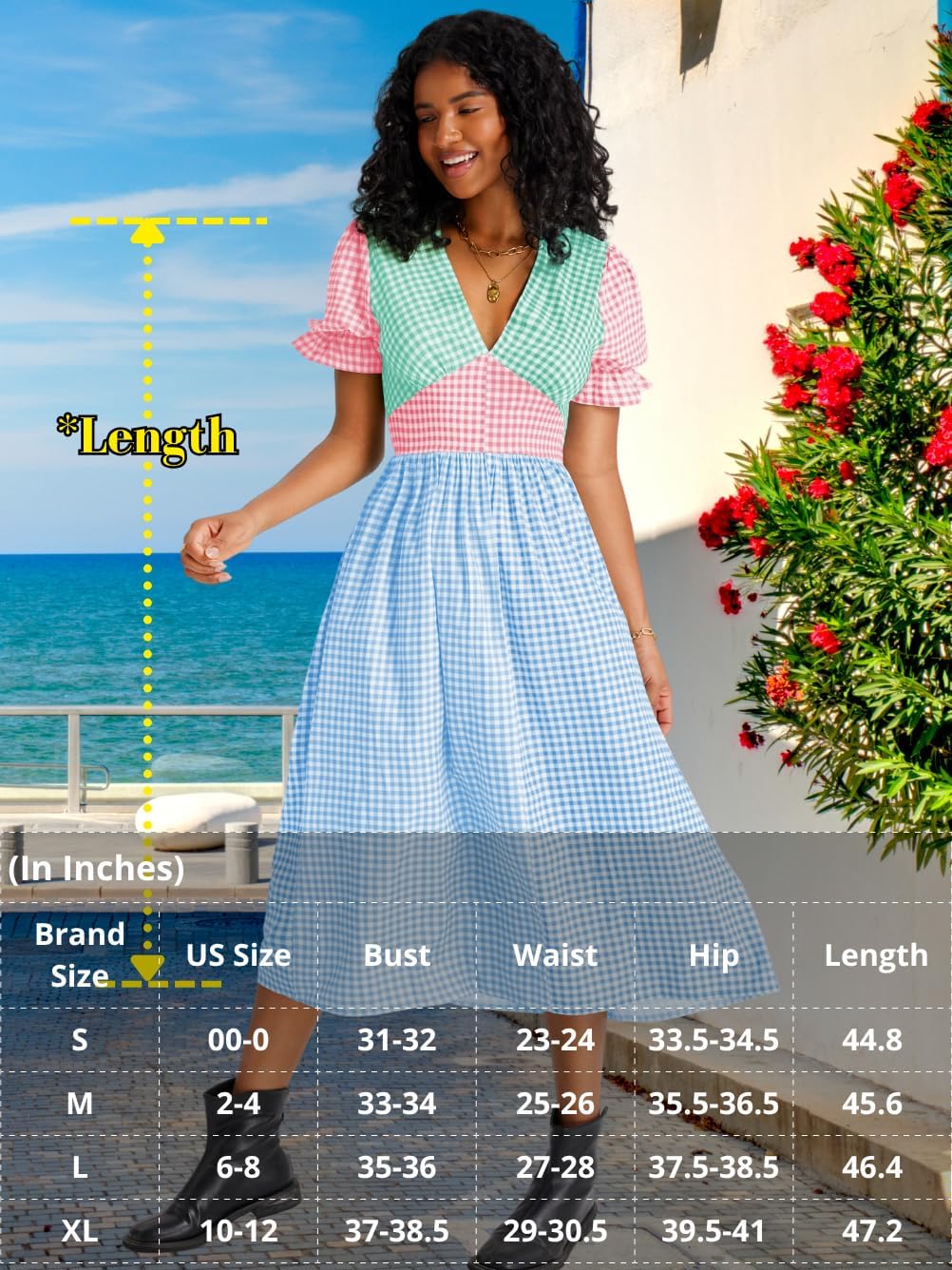 Kaei&Shi Color Block Gingham Dress,V Neck Puff Sleeve Midi Dresses,Cottagecore Vacation Summer Beach Outfits for Women