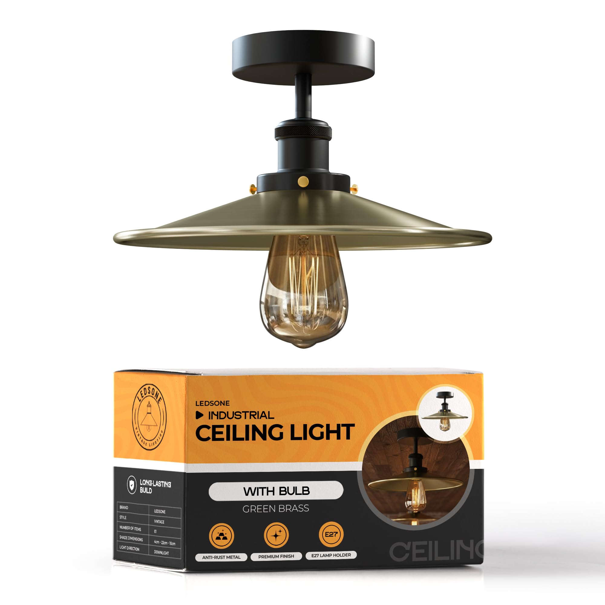 LEDSone Vintage Ceiling Light E27 Edison Industrial Chandeliers Flush Mounted Green Brass 22cm Lampshade Metal LED Ceiling Lighting Fixture for Bedroom Kitchen Living Room EPC A+ with Bulb