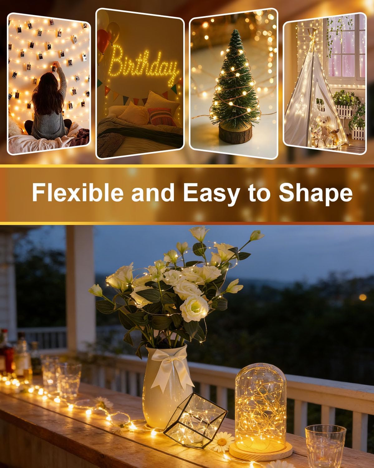 4-Pack USB String Lights, 33ft 100 LED(Total 132ft 400 LEDs) Fairy Lights with Remote, Waterproof 8 Modes Twinkle Lights for Bedroom, Indoor/Outdoor Patio Garden Party Wedding Decor (Warm White)