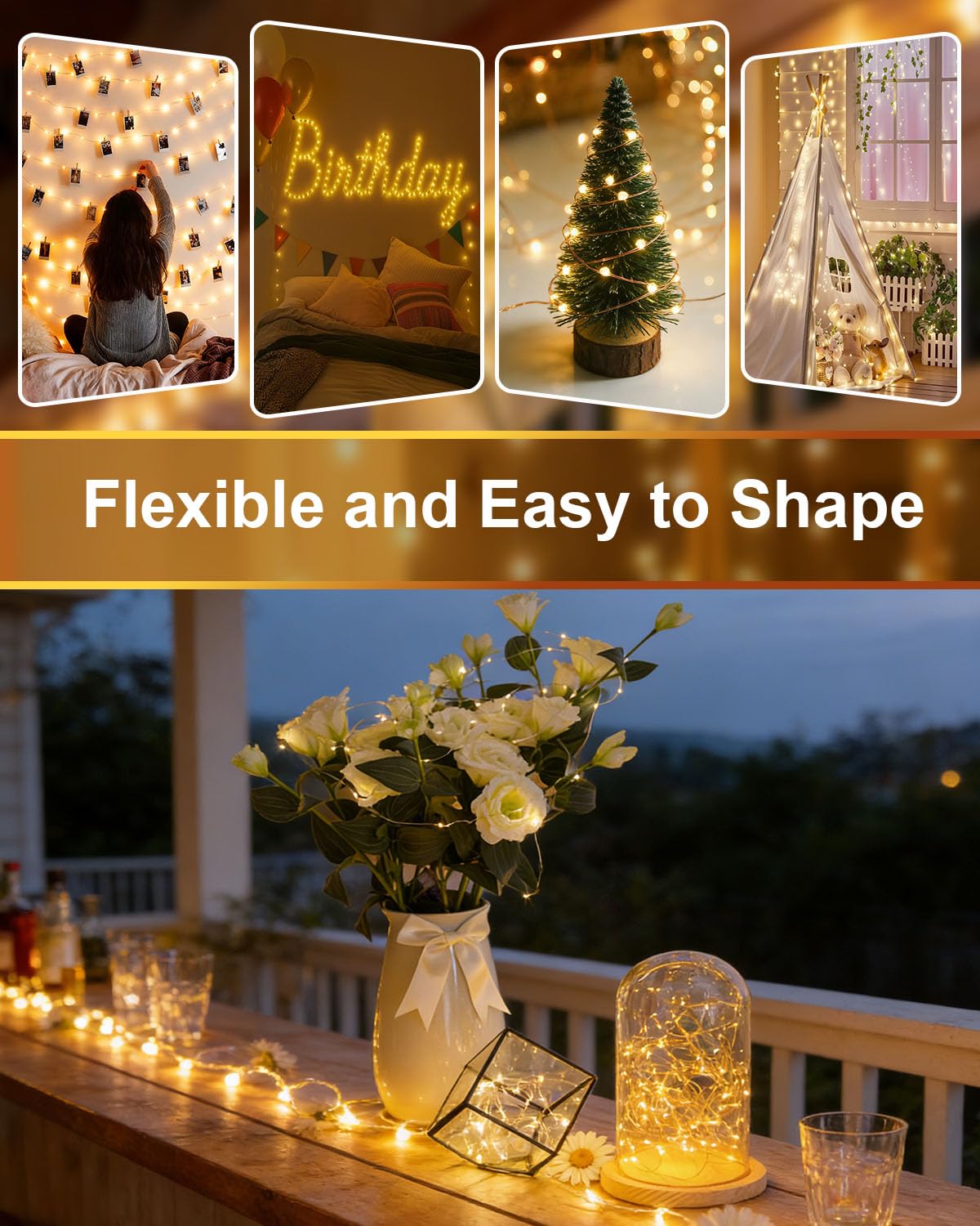 Stringa Luci LED, 4x10M 100LED Catene Luminose con USB Alimentata con Telecomando, 8 Modalità Impermeabile Decorative Luminosa per Giardino, Natale, Feste, Matrimonio(Bianco Caldo)