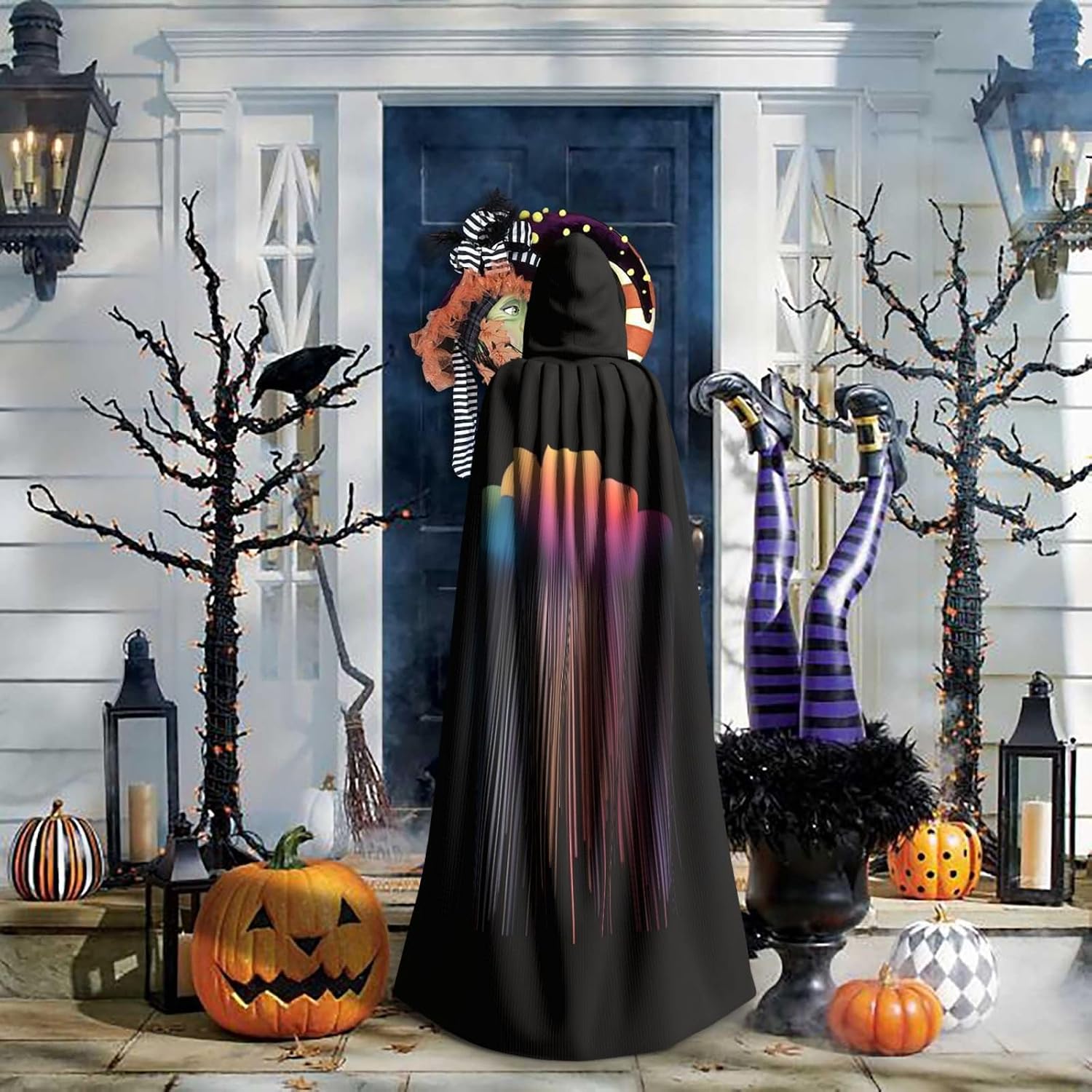 Colorful Rainbow Rain Halloween Adult Hooded Cape, Hooded Robe Cape, Women's Men's Halloween Dress Up Party Cosplay Costumes.