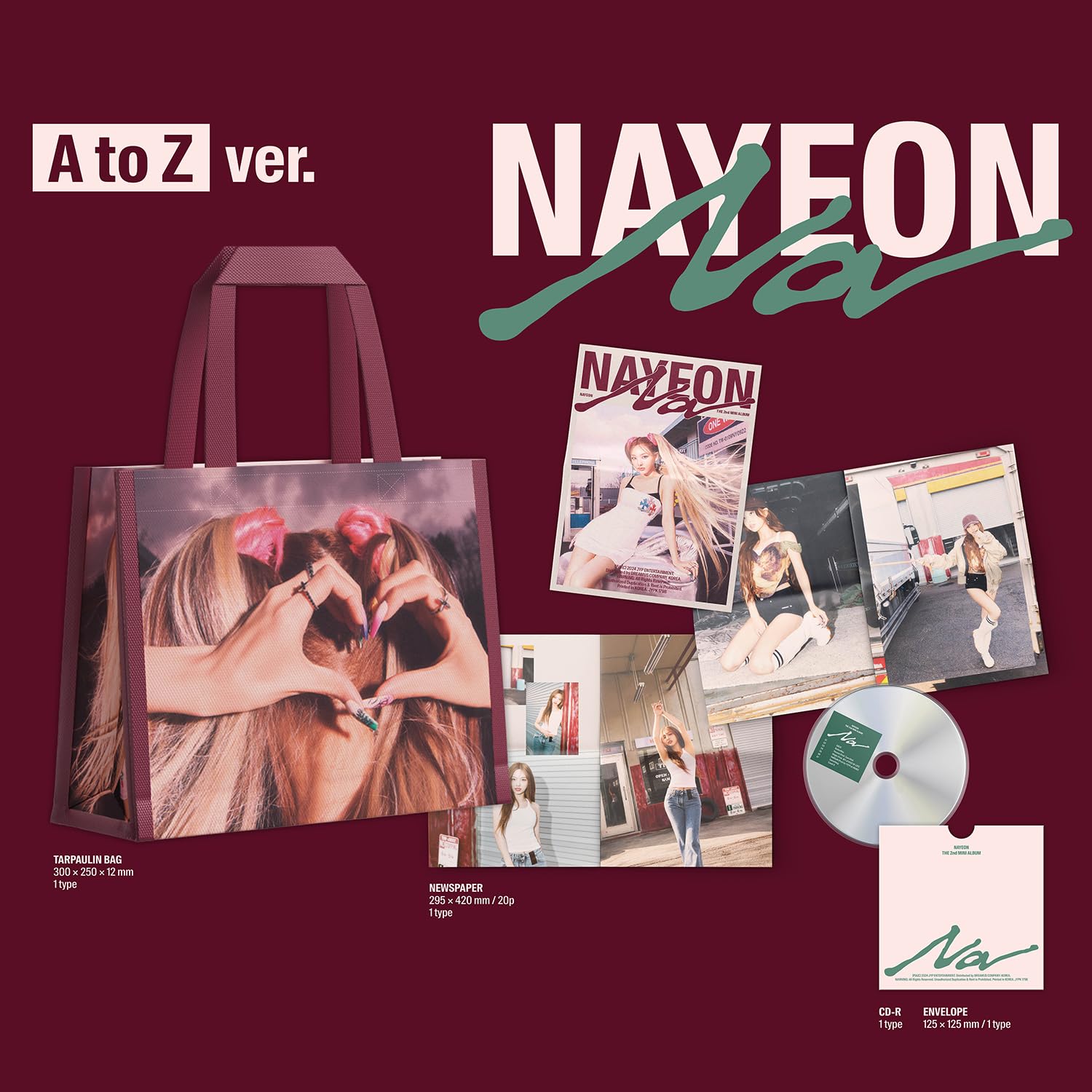 NAYEON - 2nd Mini album [NA] A to Z Ver.) Tarpaulin bag + Newspaper R + Envelope + Postcard + Guarantee Card + Holder + Flyer + Photocard + Out Box + 2 Extra Photocards