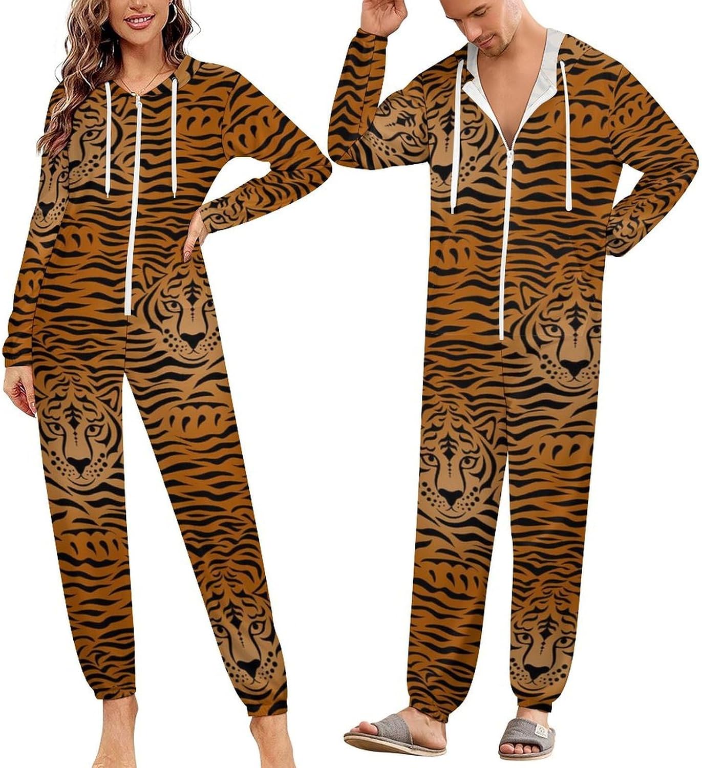 Tiger Animal Print Adult Pajamas Onesie with Hood Pocket Jumpsuits One Piece Sleepwear