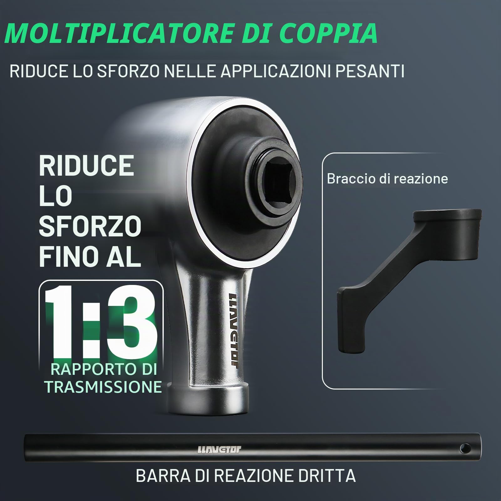 Set di moltiplicatore di coppia, attacco da 3/4 pollici, 2900 Nm, amplificatore di coppia 1:3 con braccio di reazione e adattatore, costruzione in Cr-Mo cromo vanadio, strumento per la rimozione per