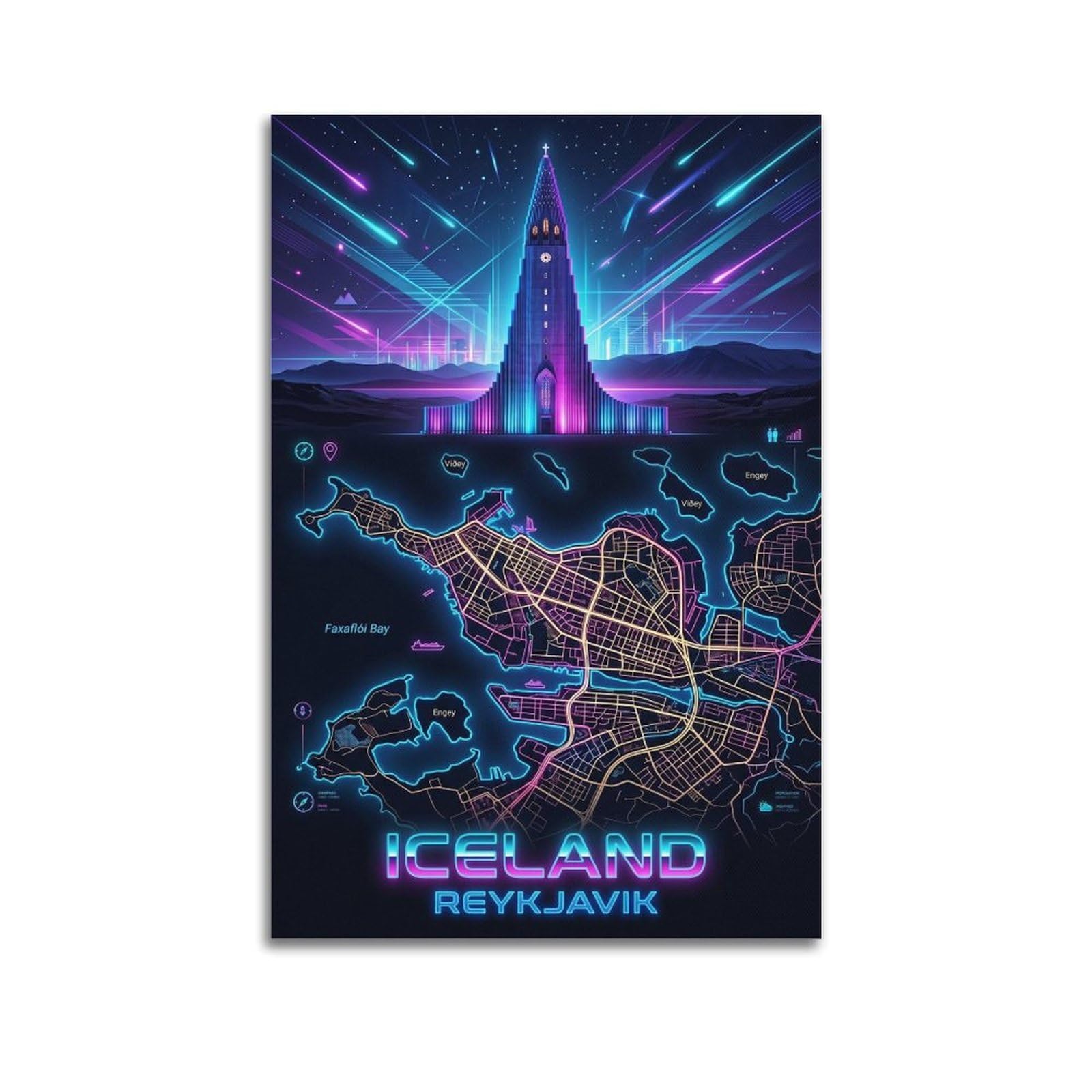 XKUGA Iceland Hallgrimskirkja Neon City Synthwave Map Poster Modern Decorative Canvas Prints - Ideal Wall Art for Family, Man Cave, Game Room, Boys & Girls Bedroom 20x30inch(50x75cm)