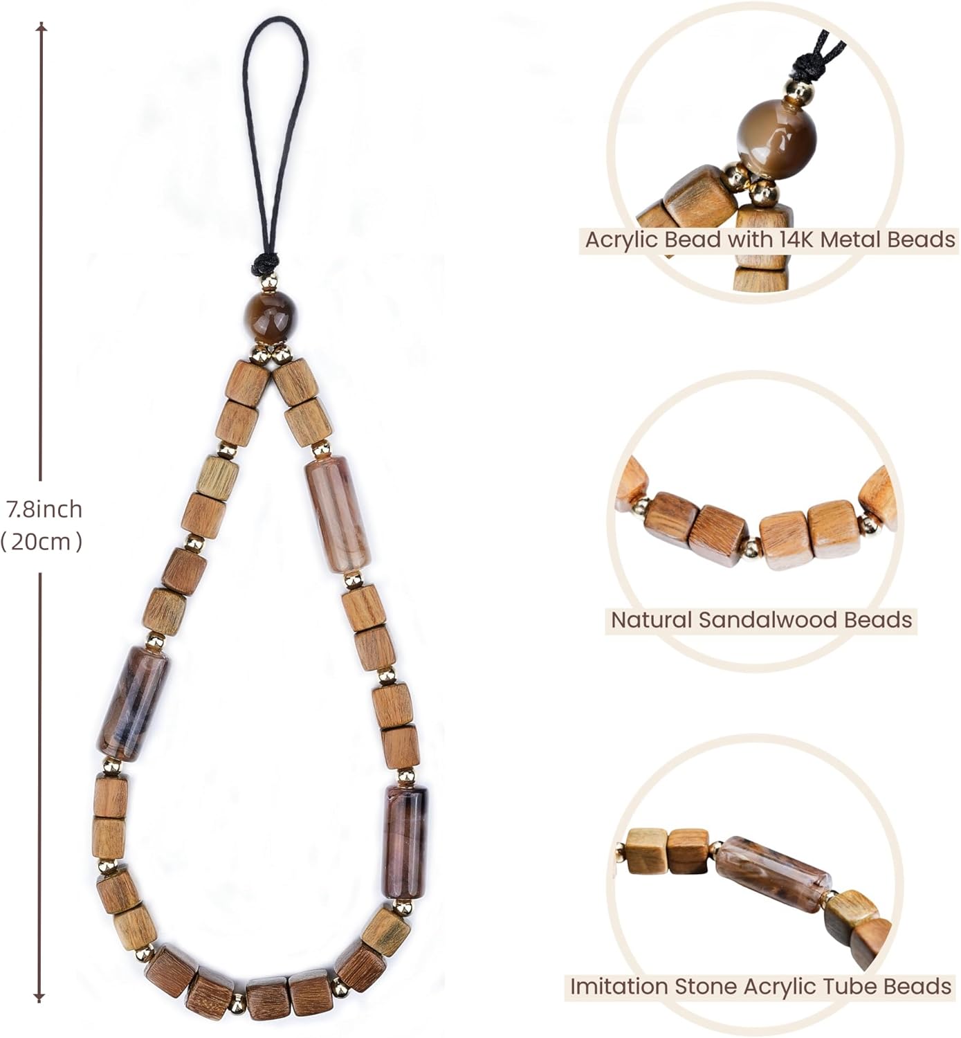Cell Phone Wrist Strap Wrist Lanyard Sandalwood Beaded Strap Beaded Mobile Phone Lanyard Phone Charm (Wood/Coffee) - Image 2