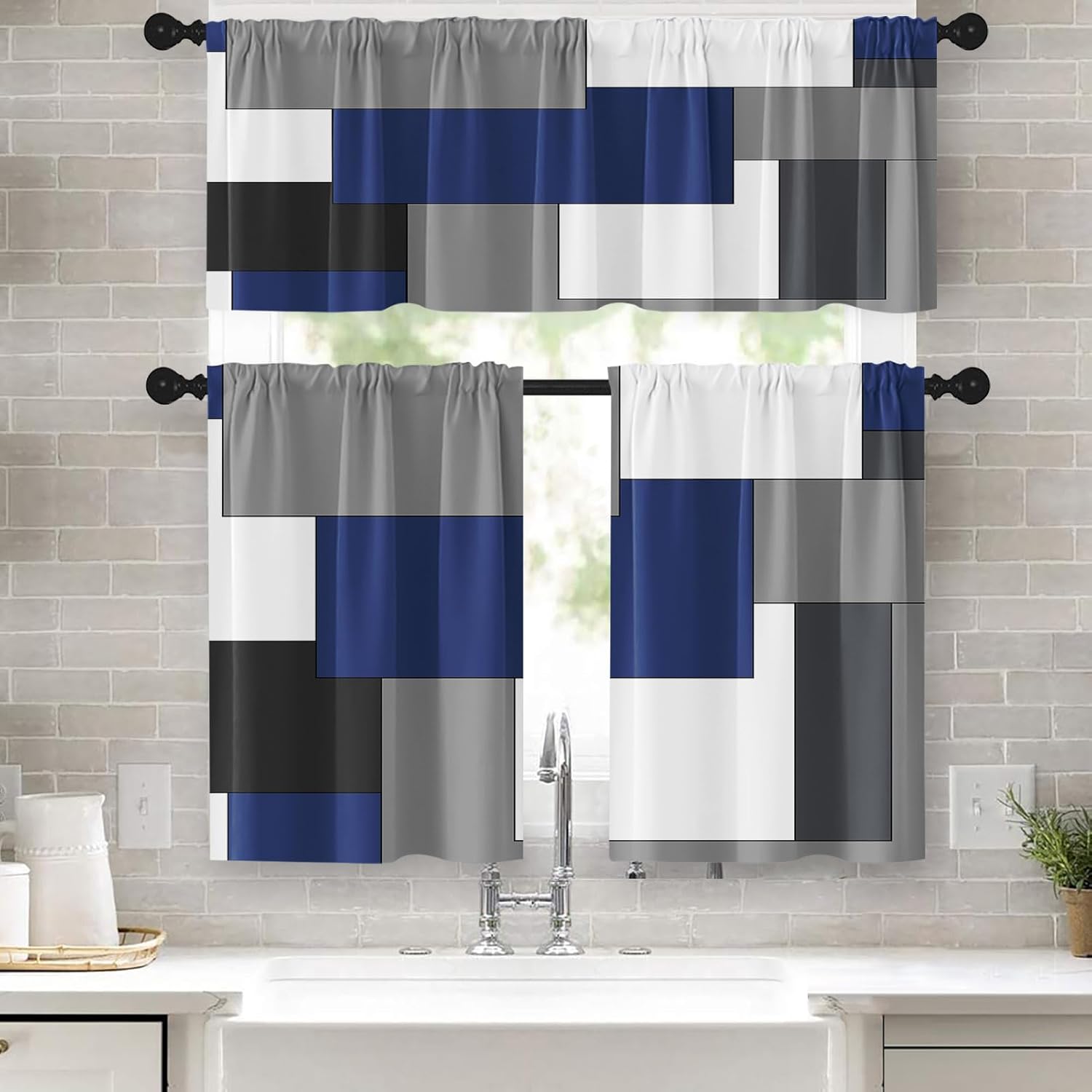 Amazon.com: Tayney Navy Blue Geometric Kitchen Curtains Checkered Window Curtains Valance and ...