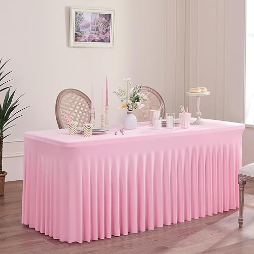 Miniatura 7 de Paquete de 2 manteles de elastano rosa bebé para mesas rectangulares de 8 pies, manteles elásticos de 8 pies con falda para fiestas, bodas,
