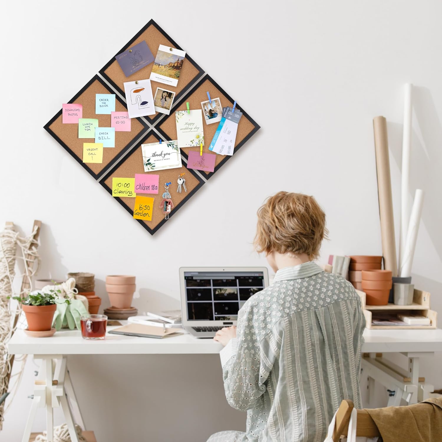 4 Pcs Square Framed Cork Boards, 12 x12 Inch Small Bulletin Board Tiles for Wall, 1/2 Inch Thick Cork Bulletin Boards for Office,School, Home Decoration (Black Frame)