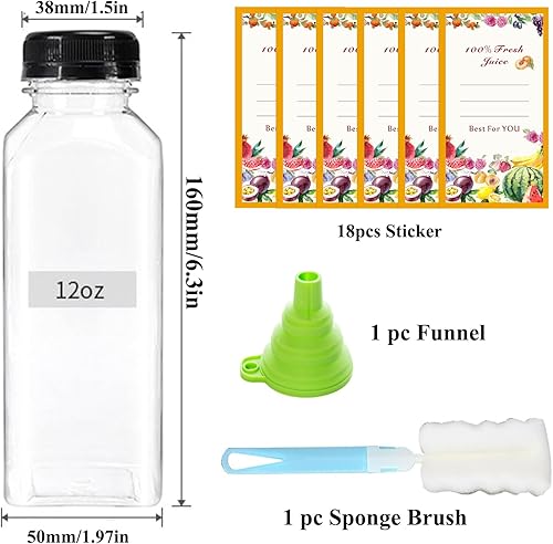 Miniatura 2 de Paquete de 18 botellas de plástico de 12 onzas con tapas, etiquetas, cepillo y embudo de silicona, recipientes reutilizables para bebidas