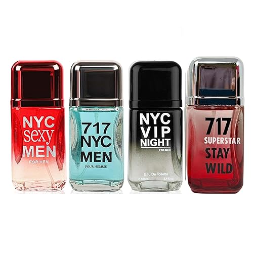 META-BOSEM 717 Men NYC+717 Men Aqua+717 VIP - Juego de 4 piezas de colonia para hombre, Eau de Toilette y Parfum en aerosol natural, aroma