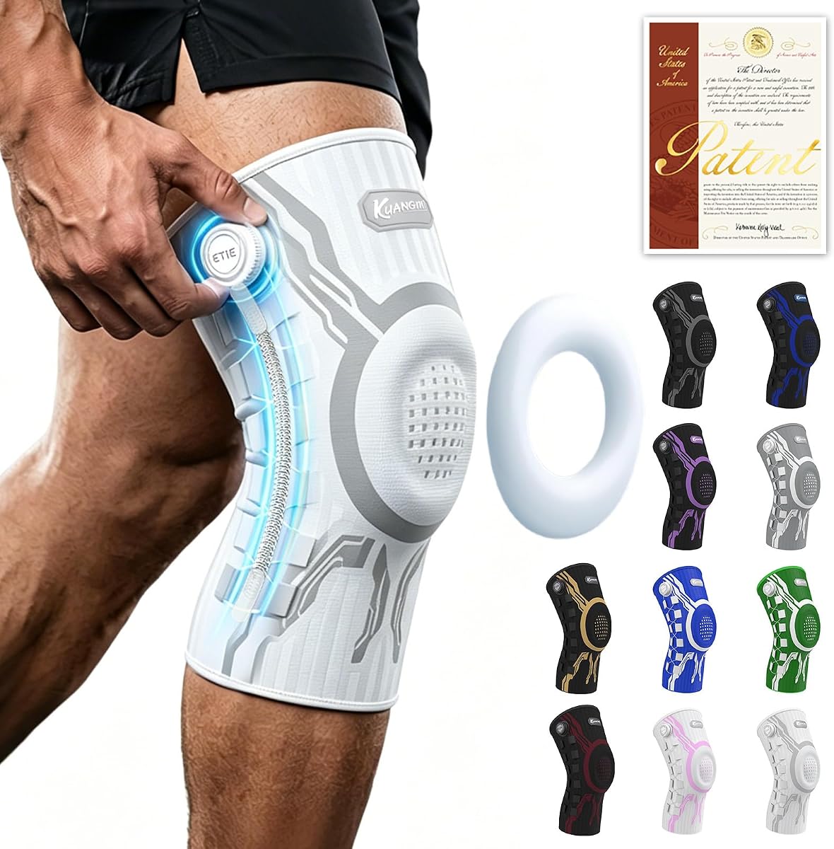 Rodillera Knob para aliviar el dolor, rodillera con almohadilla de gel para rótula y estabilizadores laterales, rodillera de compresión para entrenamiento, artritis, dolor en las articulaciones, desgarro de menisco (blanco, derecho, grande, individual)