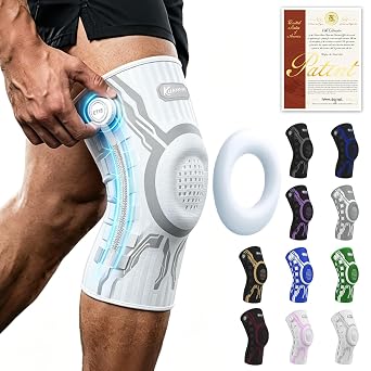 Kuangmi Knob Knee Brace for Pain Relief, Knee Support with Patella Gel Pad & Side Stabilizers, Compression Knee Sleeve for Workout, Arthritis, Joint Pain, Meniscus Tear White,Right,Medium,Single