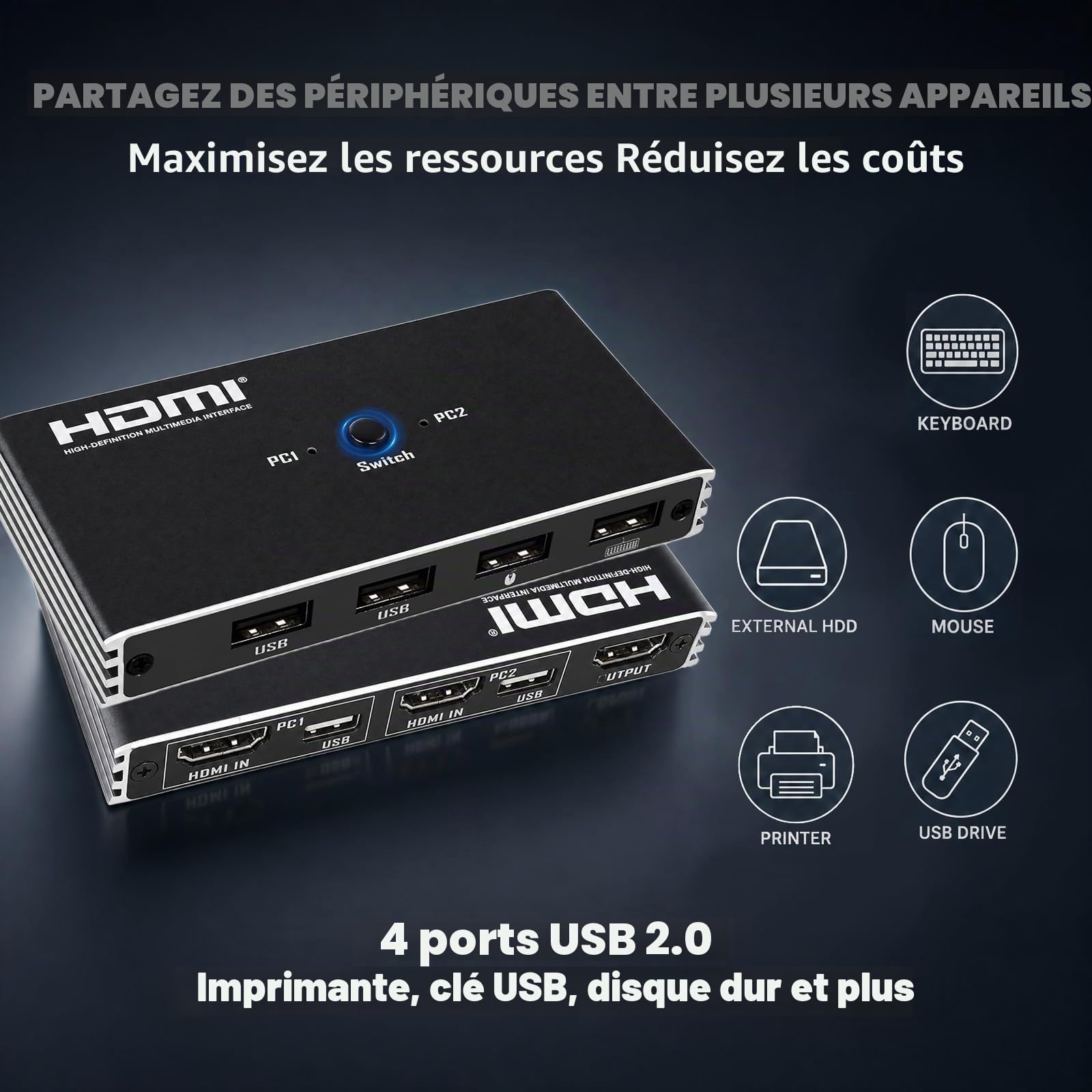 Commutateur KVM HDMI 2 PC 1 moniteur 4K 60 Hz KVM Switch pour 2 in 1 out | Plug&Play, 2 entrées 1 sortie, USB 2.0, télécommande IR incluse, idéal pour gaming, stable & fiable