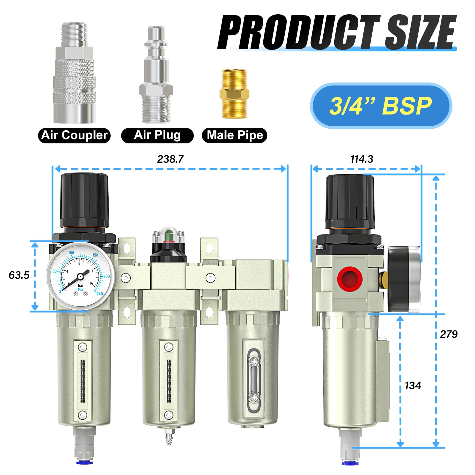 MEANLIN MEASURE 3/4" BSP Heavy Duty przemysłowy 3-fazowy system suszenia powietrza, automatyczne opróżnianie, filtr koalescencyjny, filtr cząstek stałych, osuszacz i regulator powietrza do przecinarki