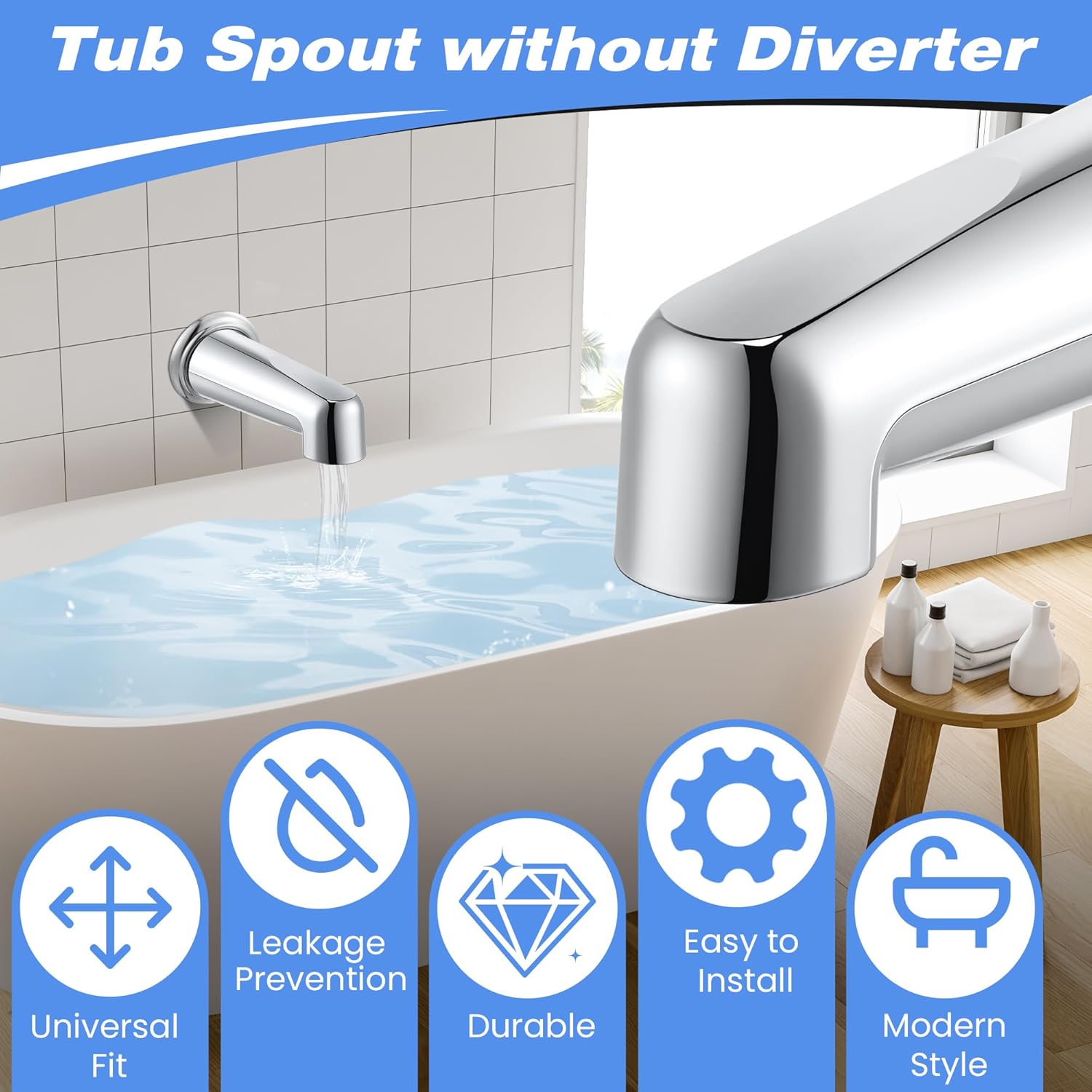 Dreyoo 7 Inch Tub Spout (Universal Fits 1/2" Copper Pipe, 1/2" IPS and 3/4" IPS), Bathroom Bathtub Faucet with Adapters and Hex Wrench(Chrome,Without Diverter)