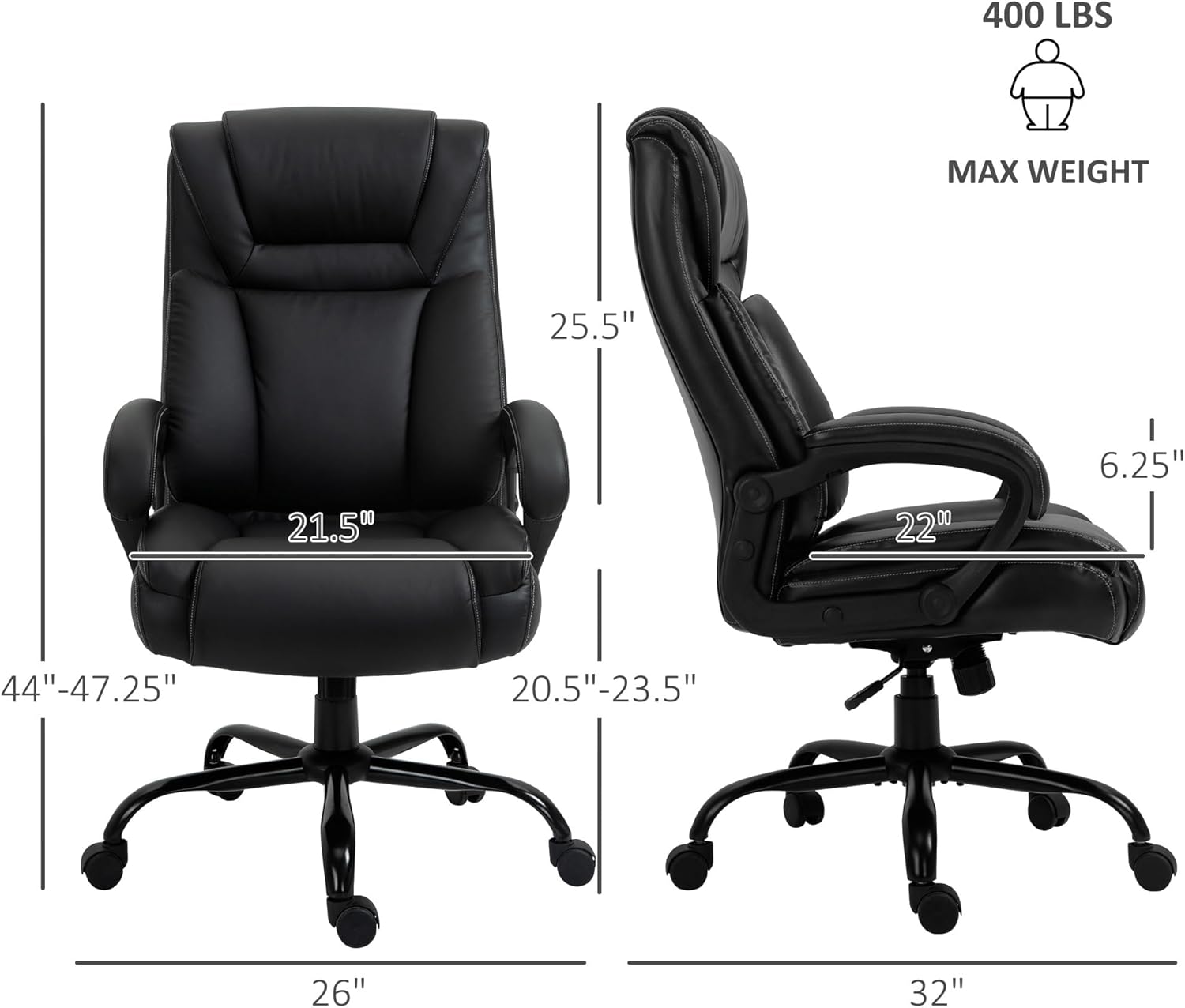 Vinsetto Big and Tall 400lbs Executive Office Chair with Wide Seat, Computer Desk Chair with High Back PU Leather Ergonomic Upholstery, Adjustable Height and Swivel Wheels, Black