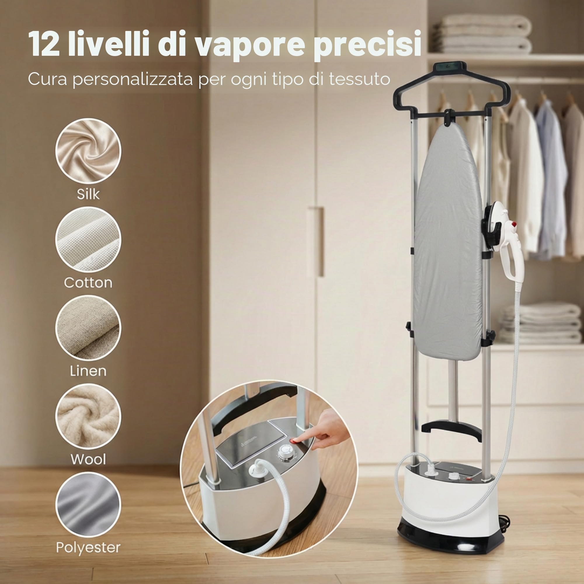 Ferro da Stiro Verticale Professionale 1400W 6 Bar 12 Livelli Temperatura Asse Pieghevole Serbatoio 1,6L