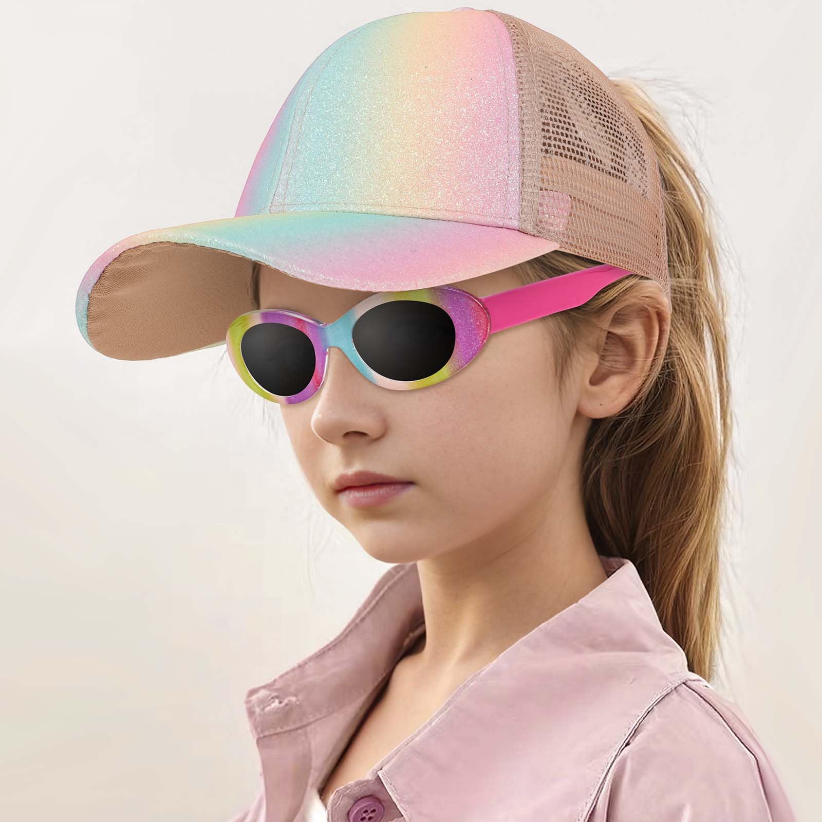 Gorra de Béisbol para Niñas, Arco Iris Polarizadas Gafas de Sol Ajustables Gorros Lindas Visera Verano Deporte Informales Transpirables para Niños