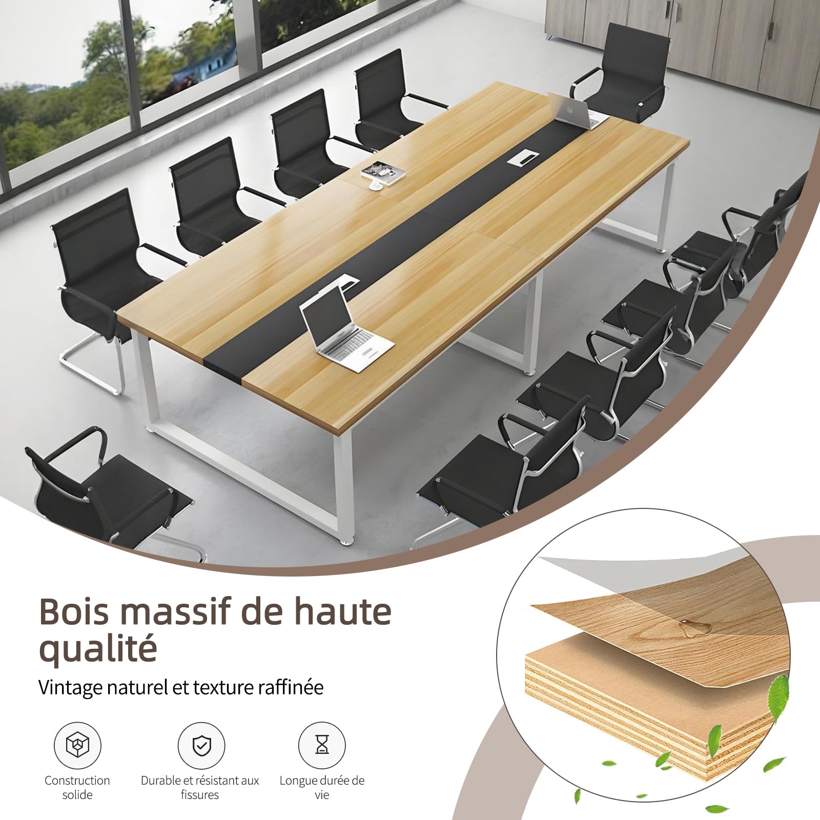 Table de Réunion Grande, Table de Conférence Rectangulaire, pour 8 à 12 Personnes, avec Gestion de Câbles et Structure en Métal Noir, Mobilier pour Bureau et Salle de Conférence