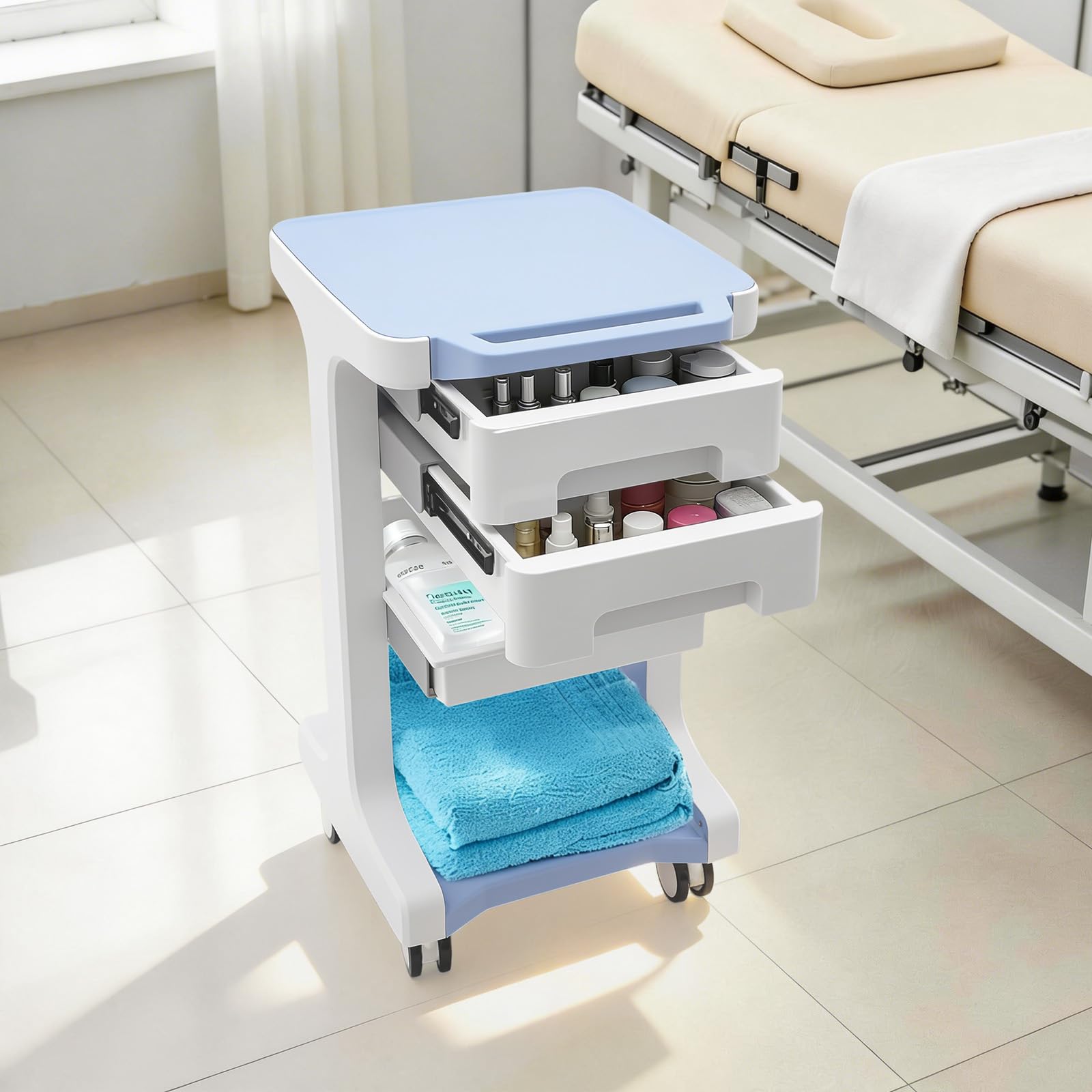 Carro de almacenamiento portátil de plástico ABS con dos cajones y 4 ruedas universales para clínica, laboratorio, peluquería y consultoría médica
