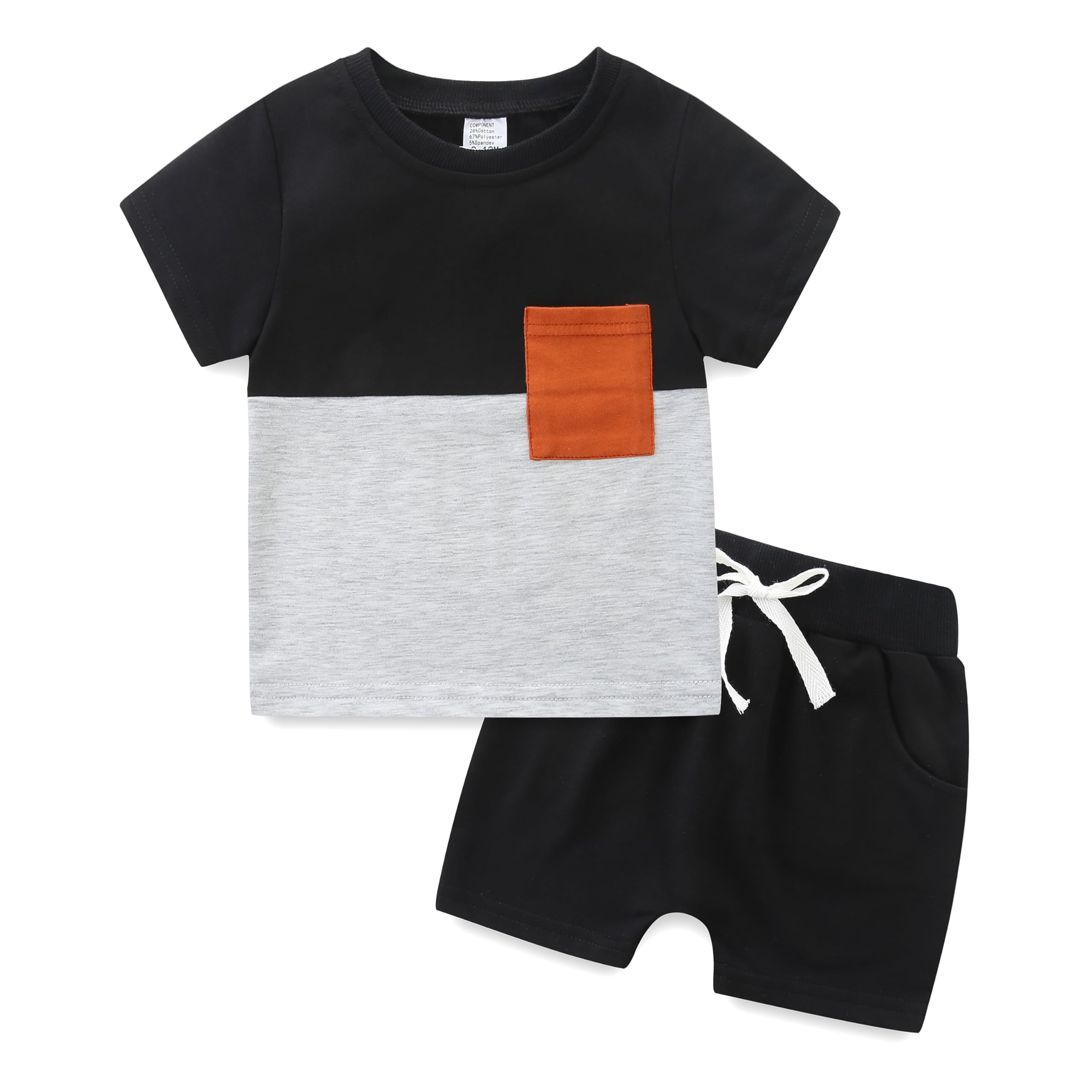 Summer Baby Sweatshirt Set Boys Summer Outfits Short Sleeve T Shirt and Solid Shorts 3-6 Months Black with Light Grey
