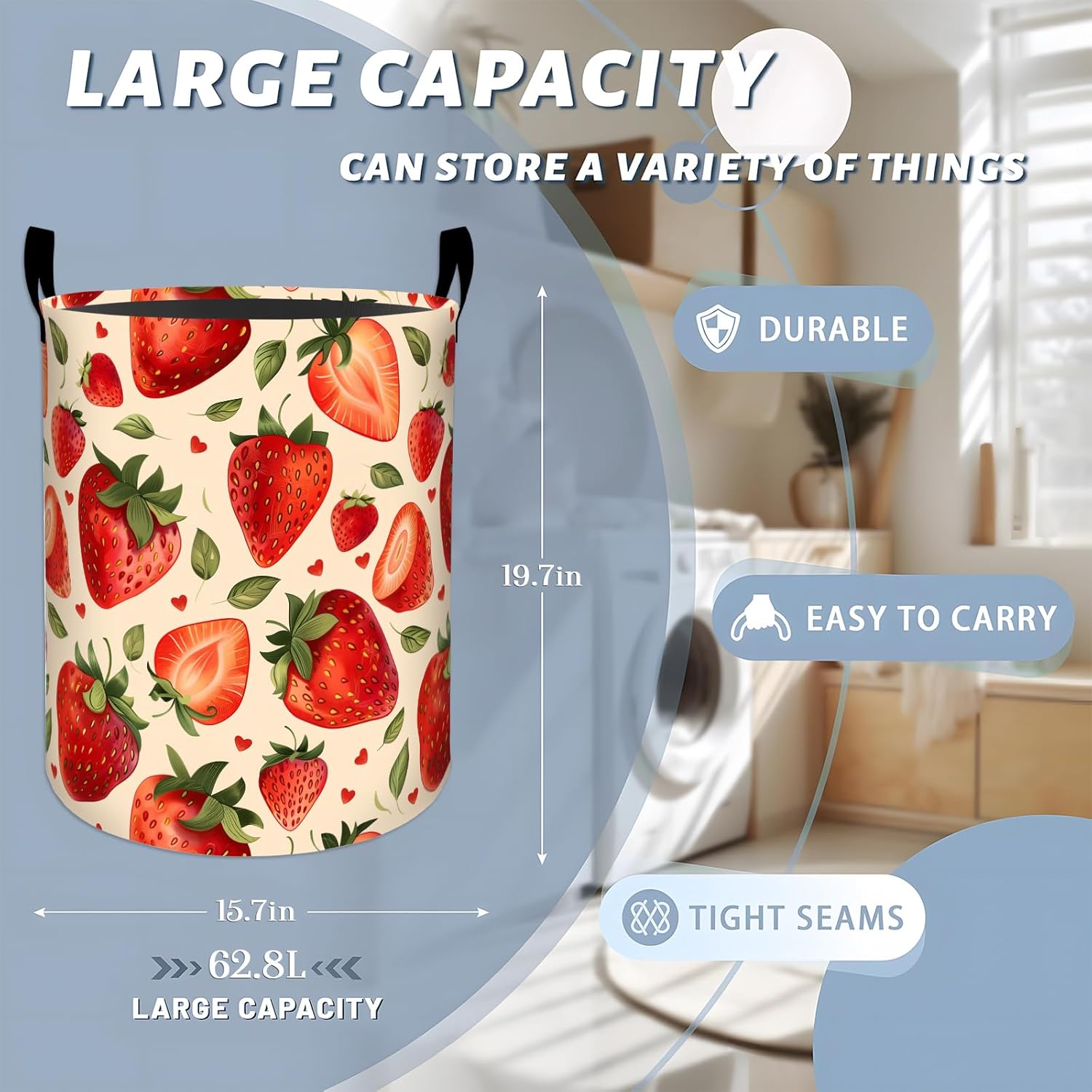 Fresh Strawberry Green Leaves Hearts Laundry Basket with Handles, 19.7"x15.7" Clothes Foldable Laundry Hamper Organizer for Dorm Nursery Bedroom Bathroom Decor, Toy Storage Bin for Kids