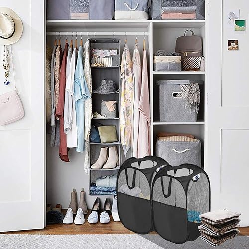 Miniatura 5 de SPINFOX Cestas plegables para la ropa sucia, paquete de 2 cestas plegables de malla con asas de transporte reforzadas, cesta de lavandería de malla