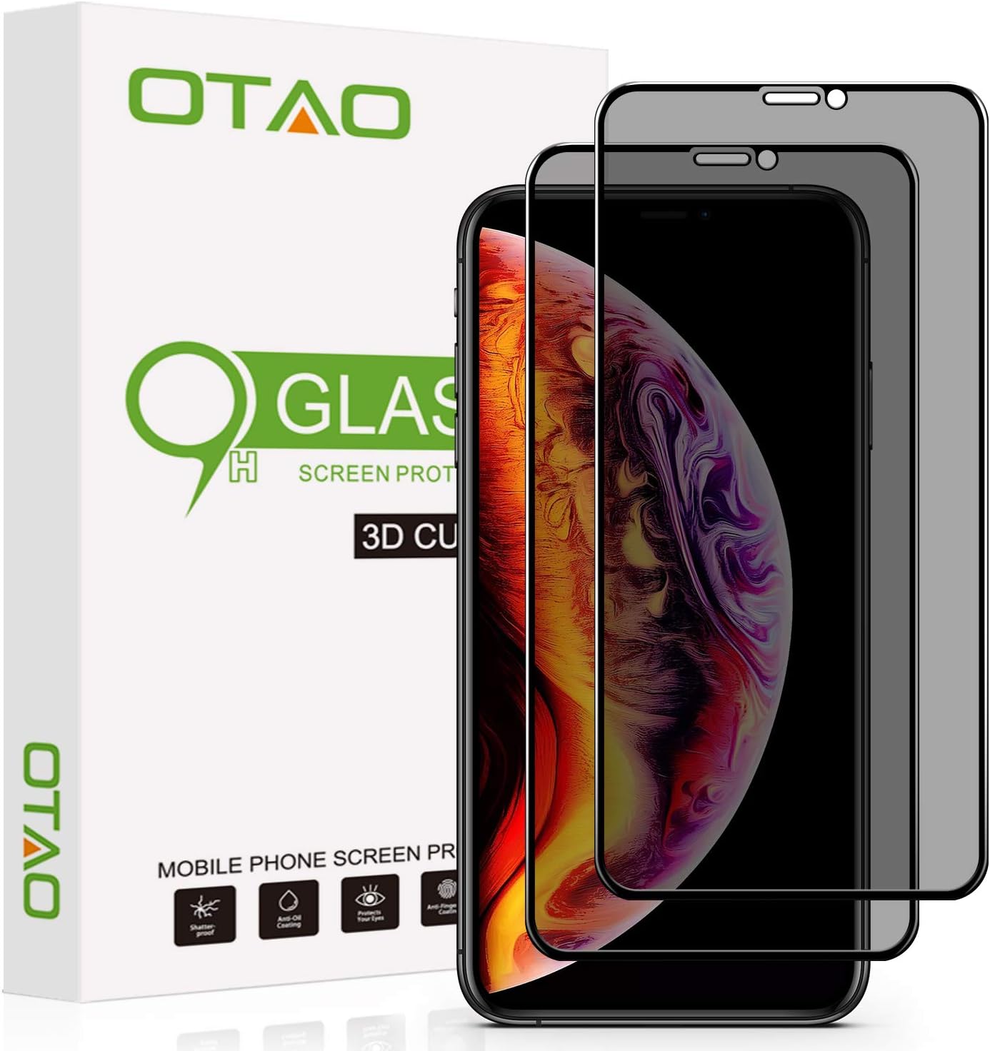 OTAO Privacy Screen Protector for iPhone 11 Pro Max/iPhone Xs Max 6.5 Inch True 28°Anti Spy Tempered Glass Full-Coverage (2-pack)
