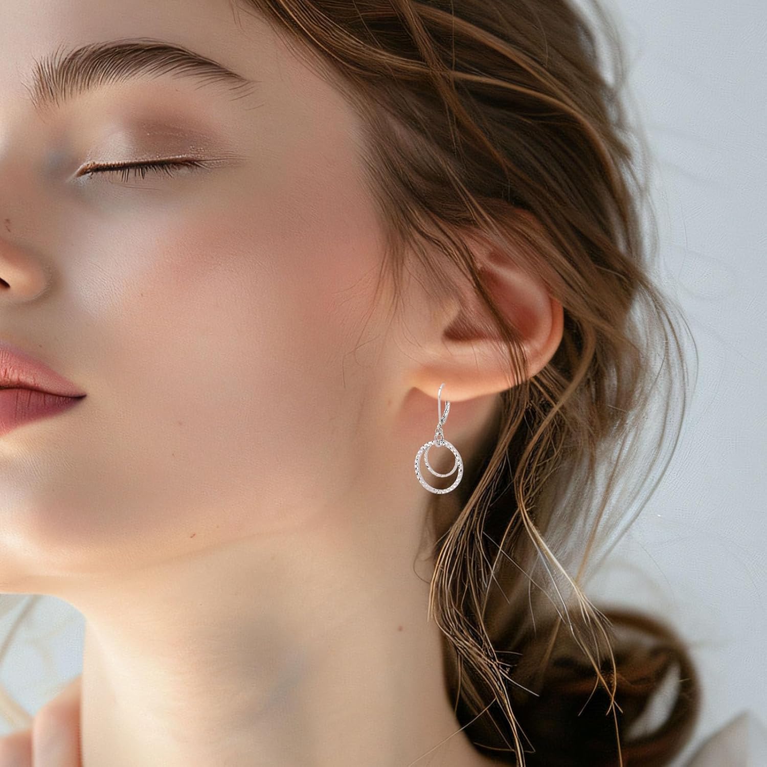 Leverback Earrings for Women, Trendy Silver Circle Dangle Drop Earrings Fashion Hammer Pattern Drop Jewelry for Birthday - Image 5